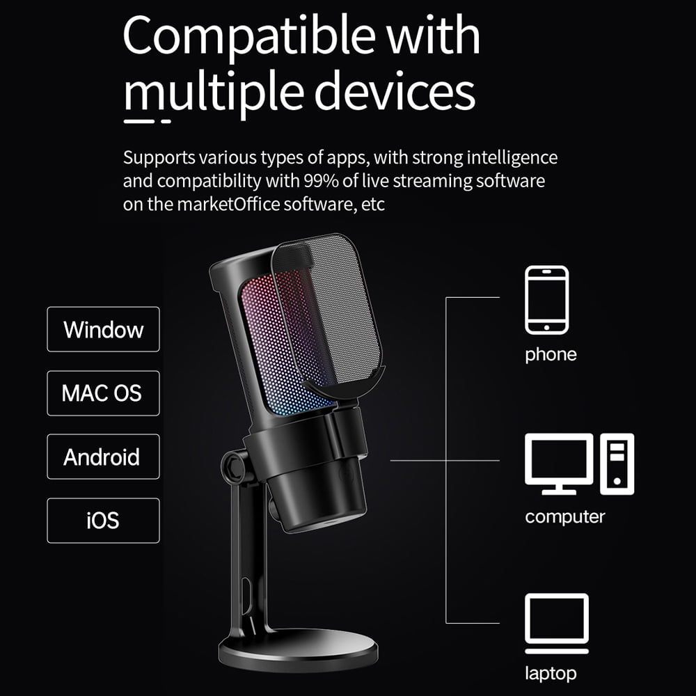 Schwarzes Mikrofon mit Pop-Schutz, kompatibel mit Windows, Mac, Android, iOS, Telefonen, Computern und Laptops.