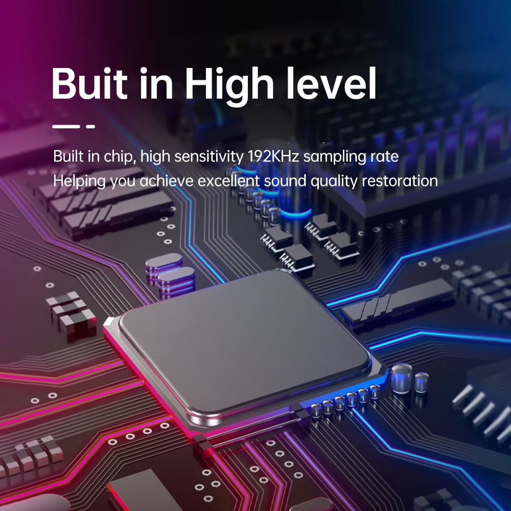 Eine Platine mit blau und rot leuchtenden Lichtern, die einen zentralen Mikrochip und Text über Klangqualität zeigen.