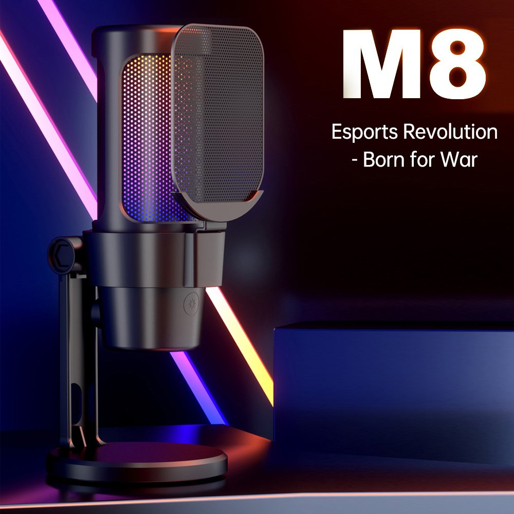 Ein schwarzes USB-Mikrofon mit RGB-Beleuchtung und Pop-Schutz auf einem Ständer vor neonfarbenem Hintergrund mit Text.