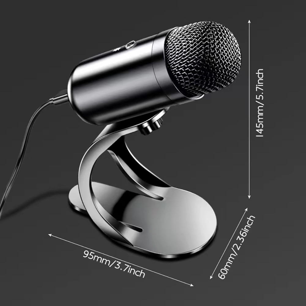 Ein schwarzes USB-Mikrofon auf gebogenem Ständer mit Maßangaben 145mm Höhe, 95mm und 60mm Basis auf dunklem Hintergrund.