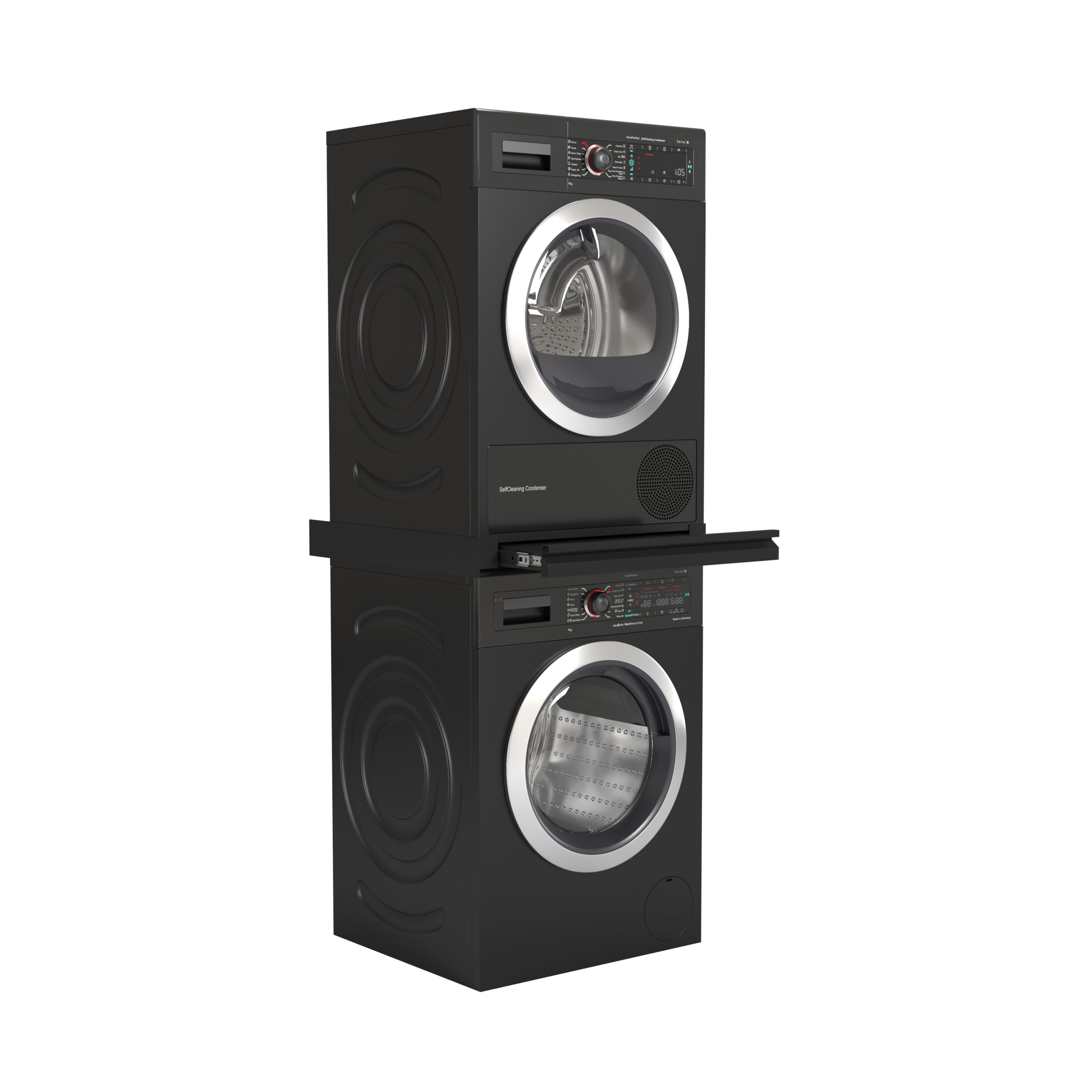 Een zwarte stapelbare wasmachine en droger met uittrekbare plank op witte achtergrond.
