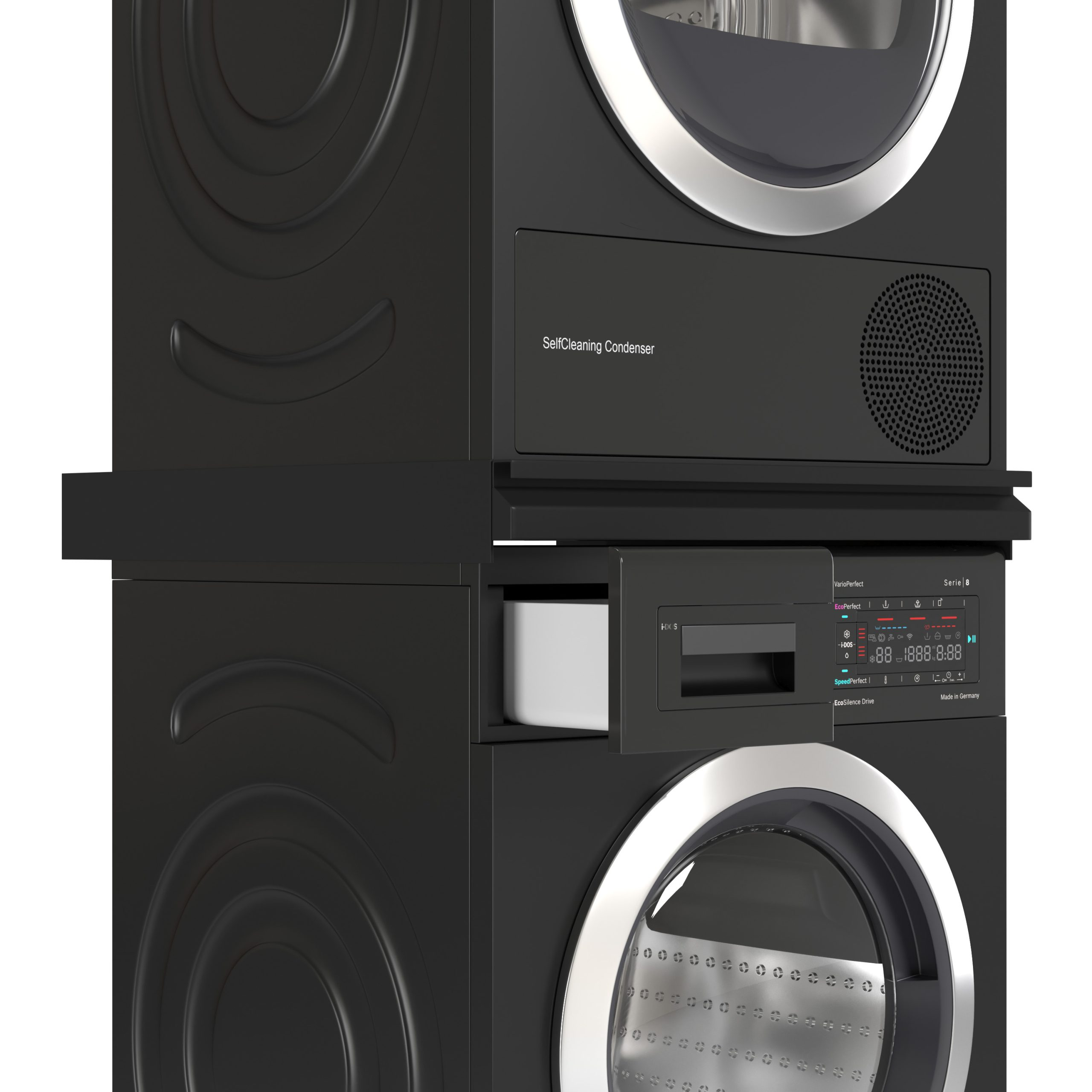 Stapelbare zwarte wasmachine en droger met zilveren accenten en een open lade.