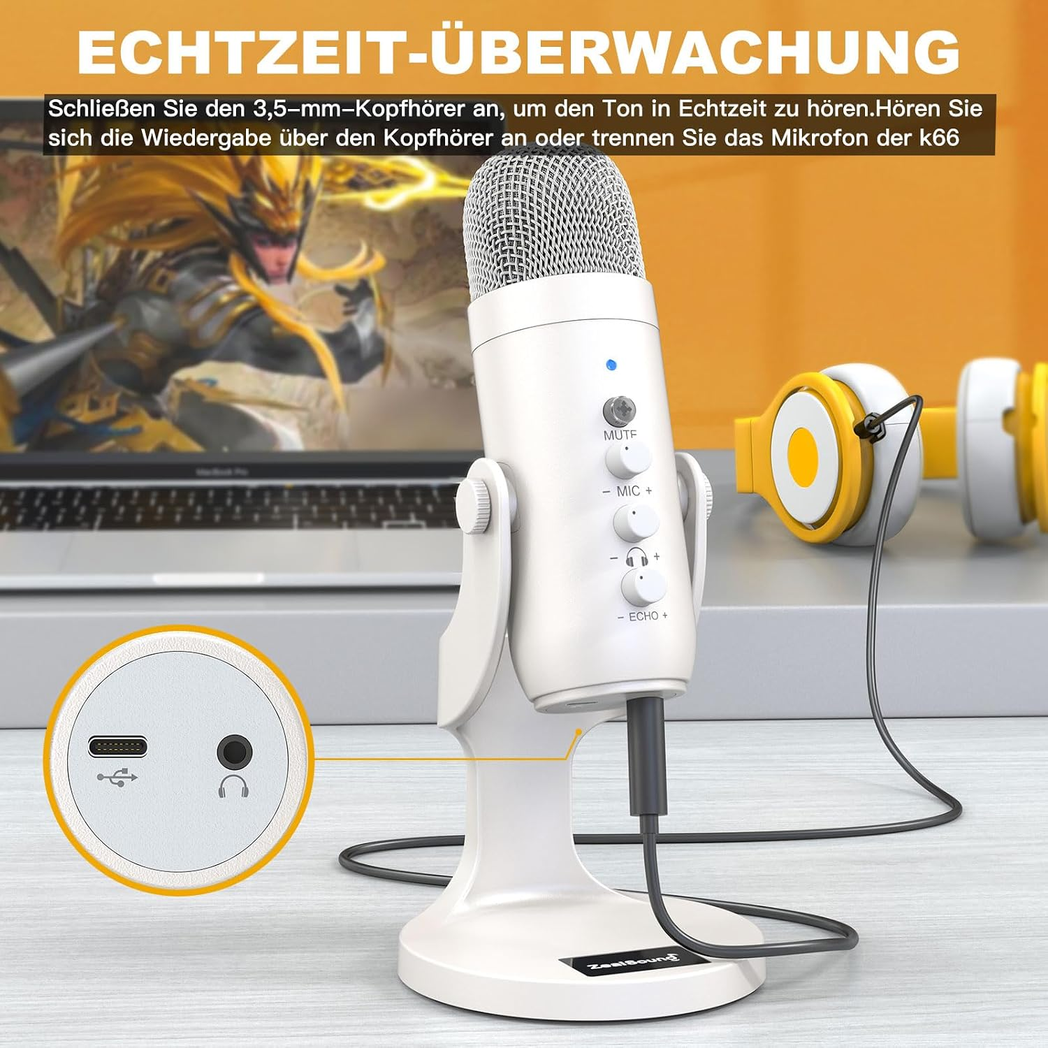 Weißes USB-Mikrofon mit Ständer, Knöpfen und Kopfhöreranschluss, davor Laptop und gelbe Kopfhörer.
