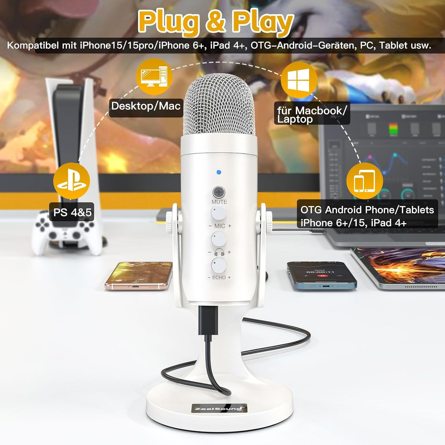Weißes USB-Mikrofon mit Ständer und Text über Plug-and-Play-Kompatibilität mit verschiedenen Geräten.