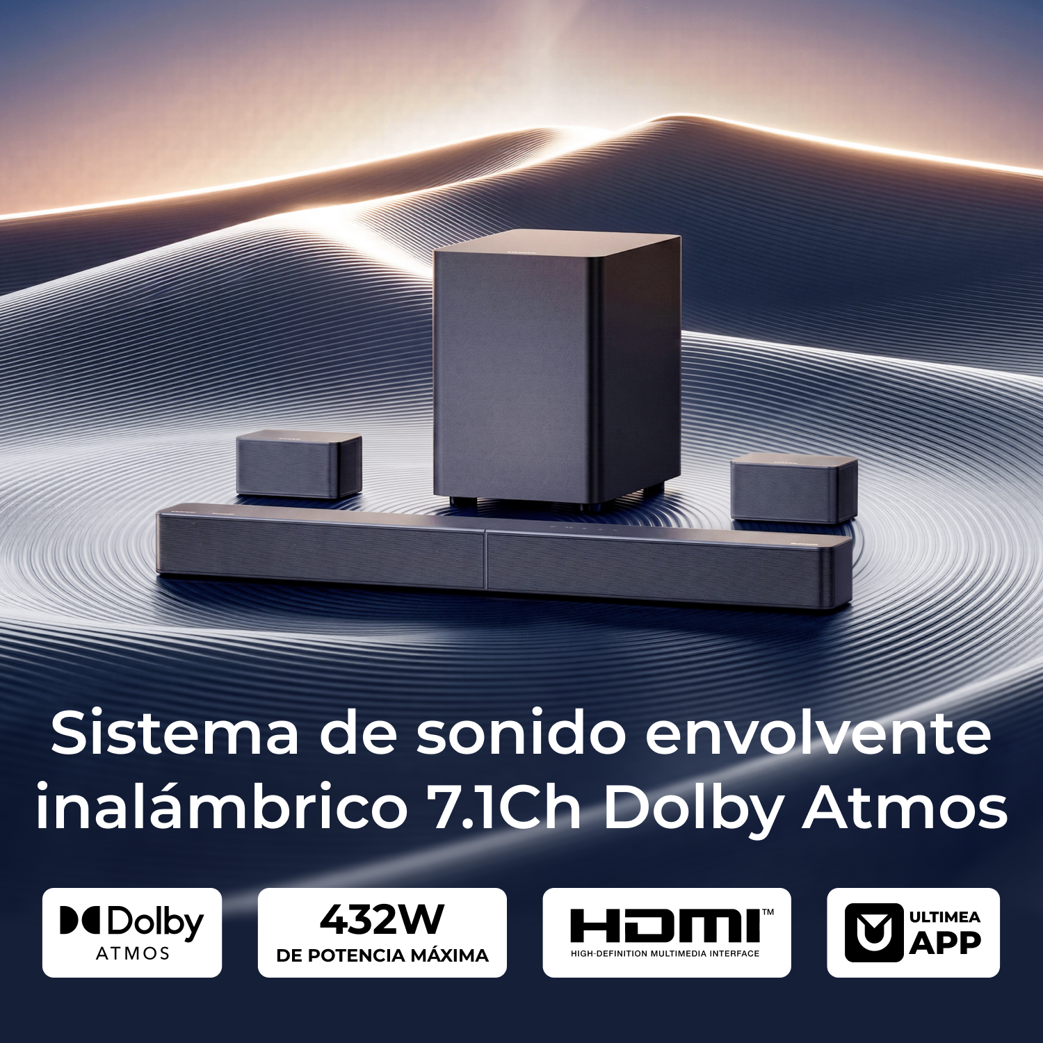 Sistema de sonido envolvente inalámbrico 7.1 con barra de sonido, subwoofer y altavoces sobre fondo ondulado.