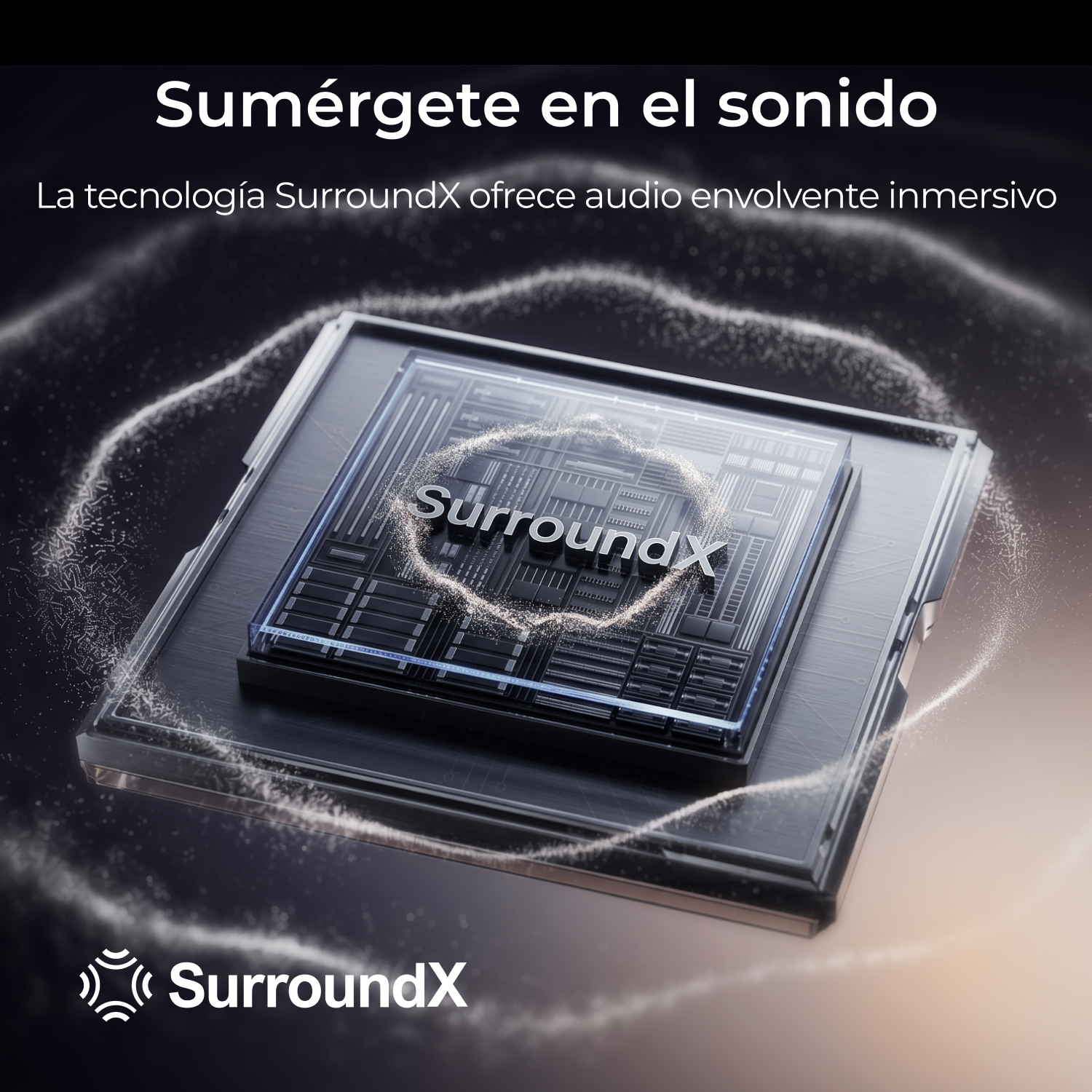 Un microchip SurroundX brillante con ondas sonoras en un entorno oscuro.