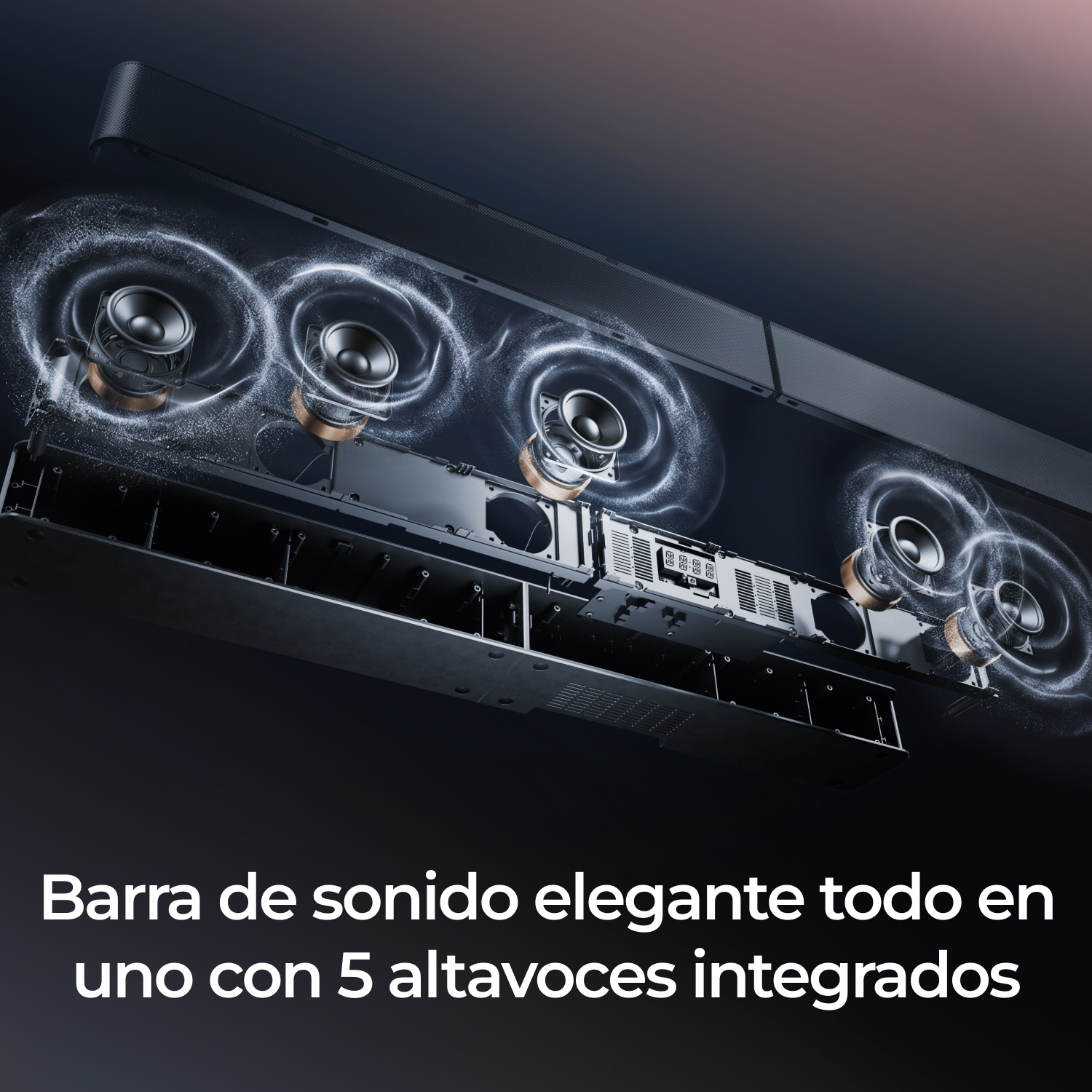 Vista explosionada de una barra de sonido elegante con cinco altavoces integrados y ondas sonoras visibles.