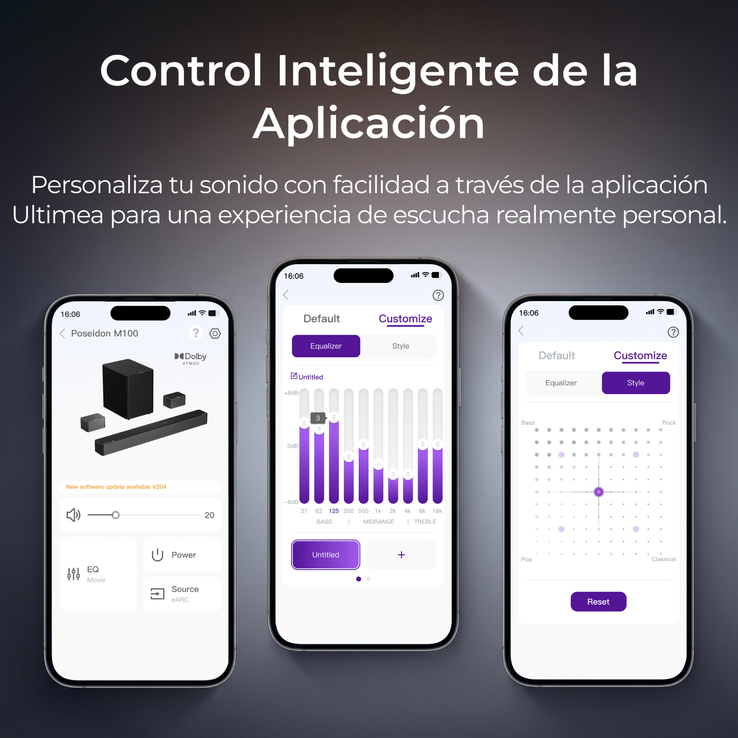 Tres teléfonos muestran interfaces de la app Ultimea para personalizar el sonido y controlar el ecualizador.