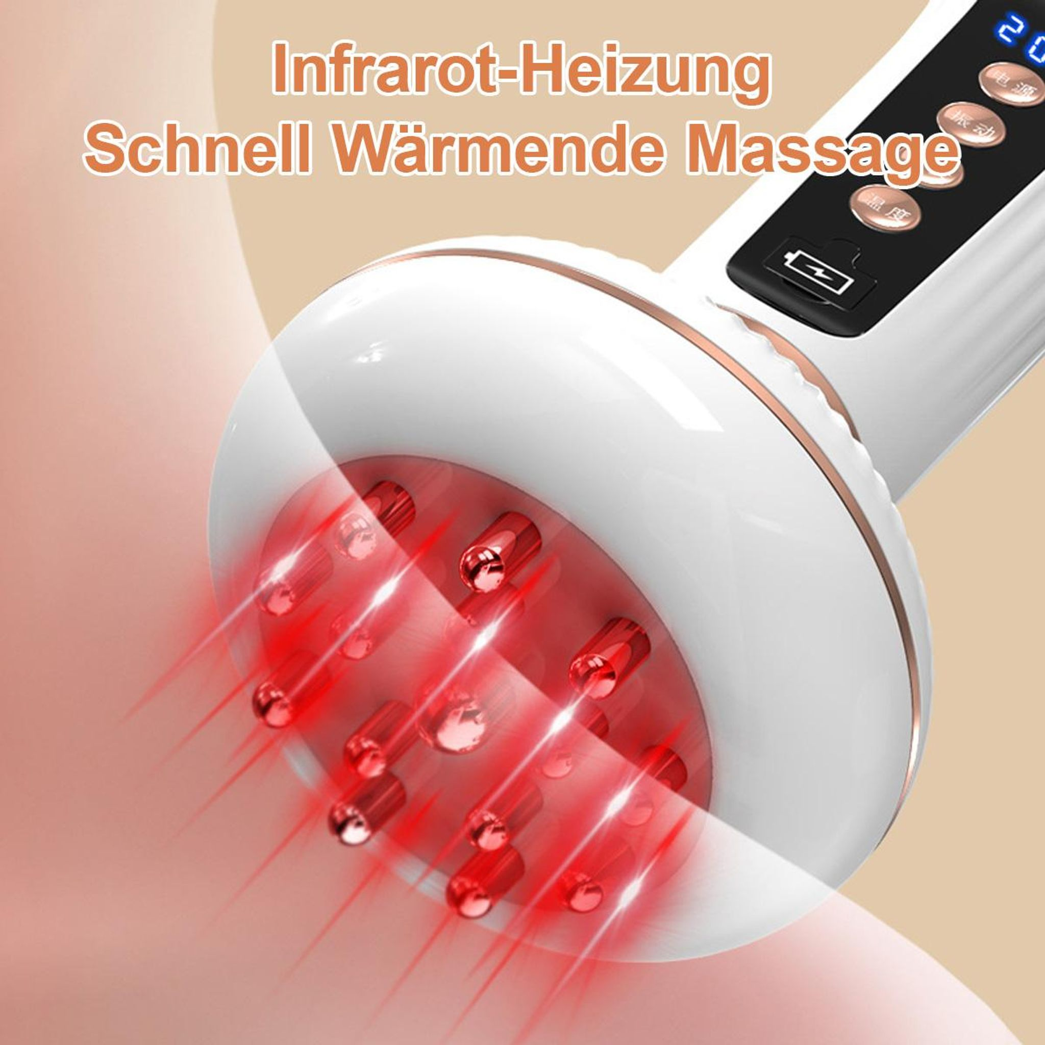 Weißes Handmassagegerät mit Infrarotlicht und roten Noppen zur Wärmebehandlung.