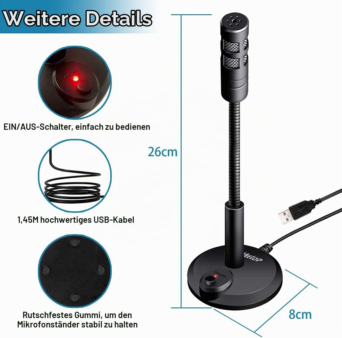 Schwarzes USB-Mikrofon mit Schwanenhals, Ein-Ausschalter, Maßen 26x8cm und rutschfester Unterseite.