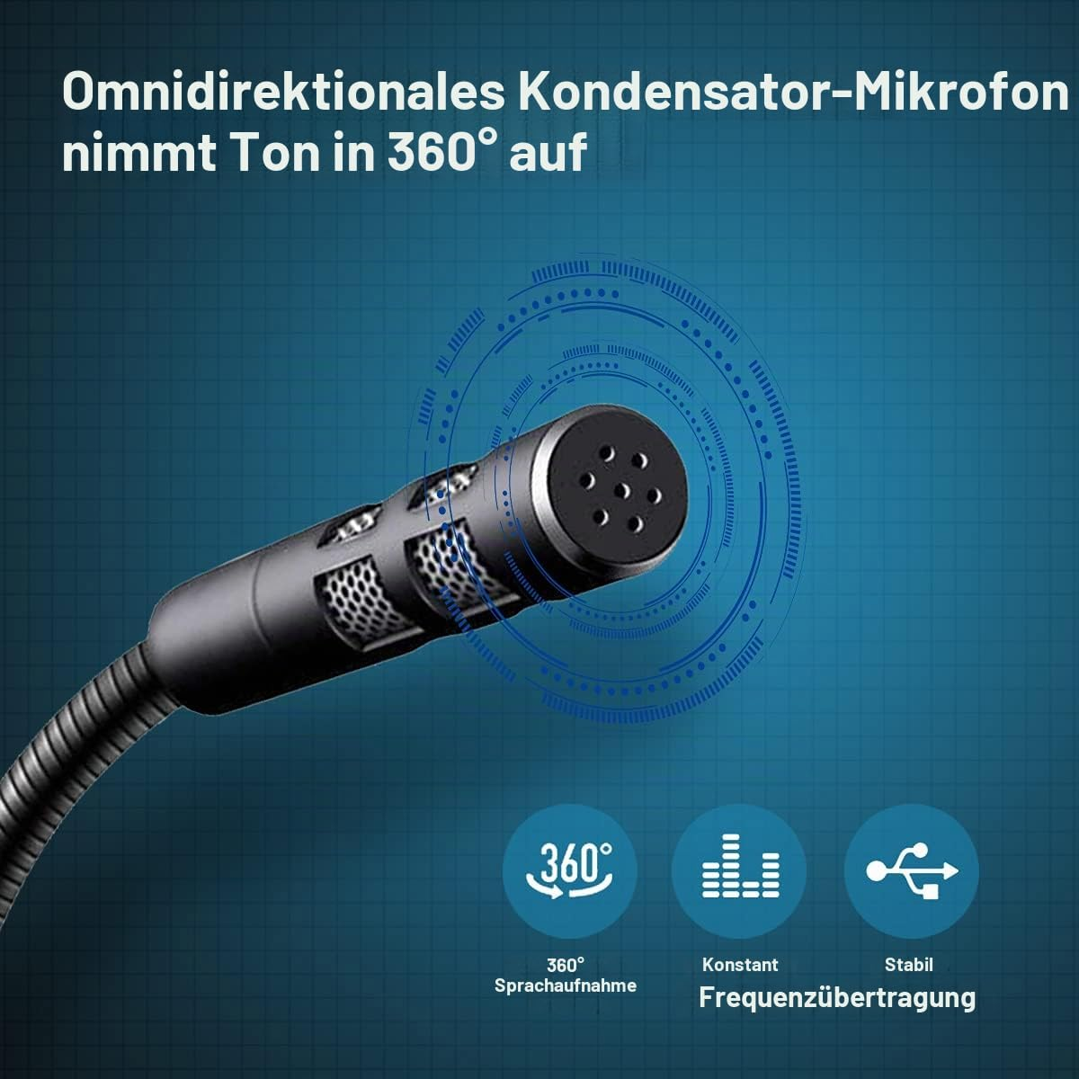 Ein schwarzes Kondensatormikrofon auf blauem Hintergrund mit Grafiken, die die 360-Grad-Tonaufnahme zeigen.