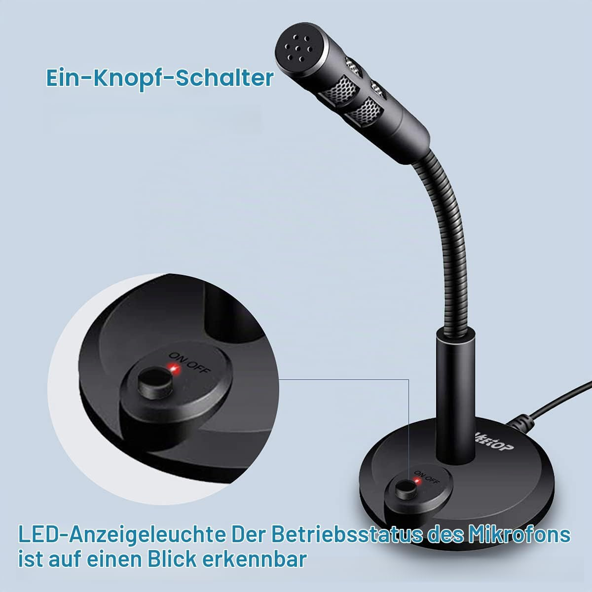 Ein schwarzes Tischmikrofon mit Schwanenhals, Ein-Knopf-Schalter und LED-Anzeigeleuchte.