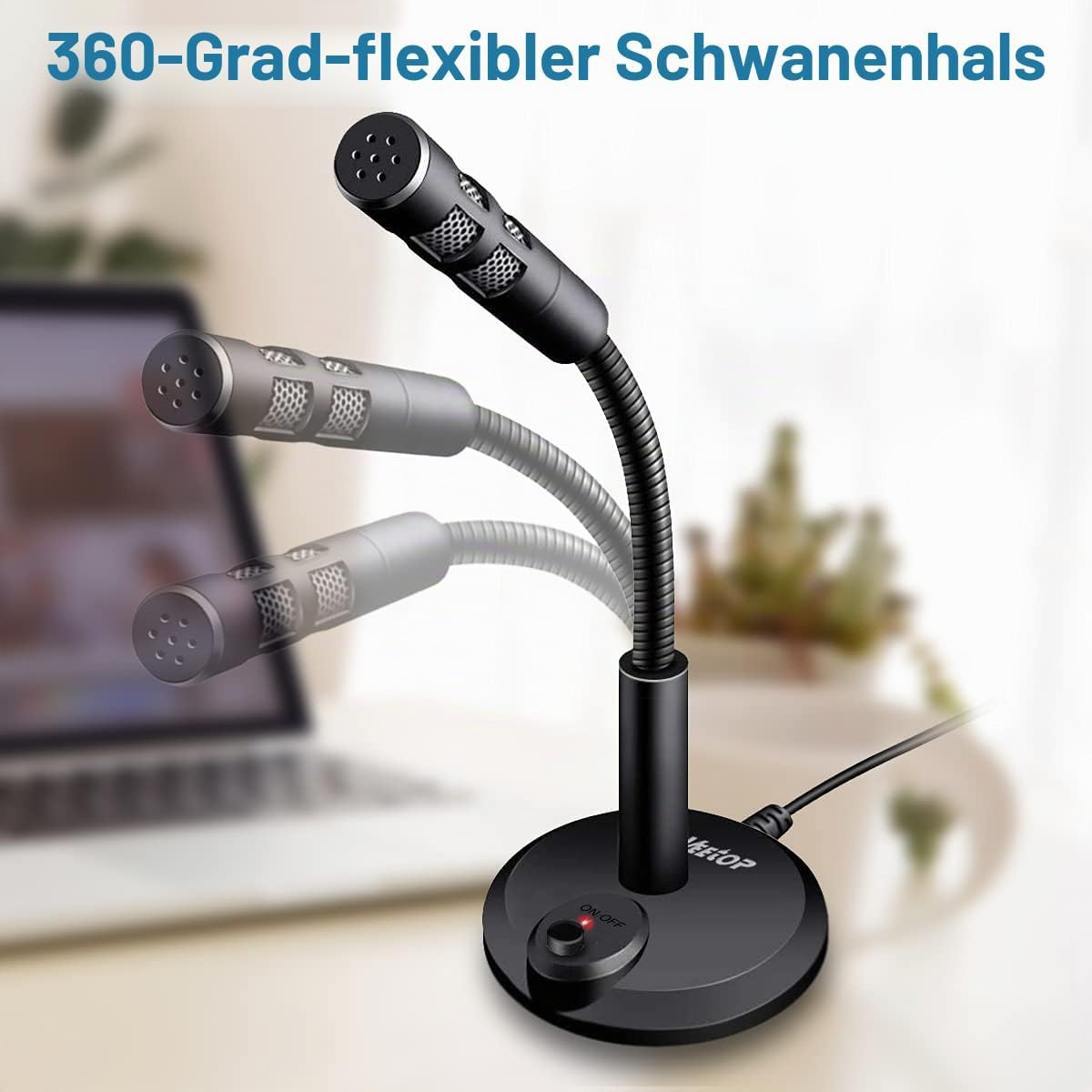 Ein schwarzes Tischmikrofon mit flexiblem Schwanenhals und Schalter vor einem verschwommenen Laptop.