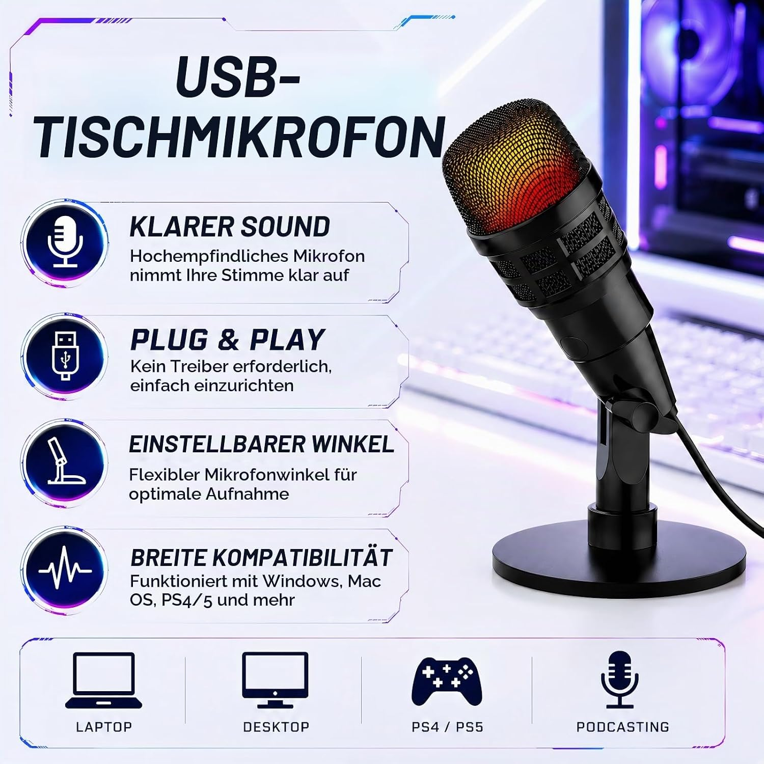 Schwarzes USB-Tischmikrofon mit roter Beleuchtung und Funktionsgrafiken.