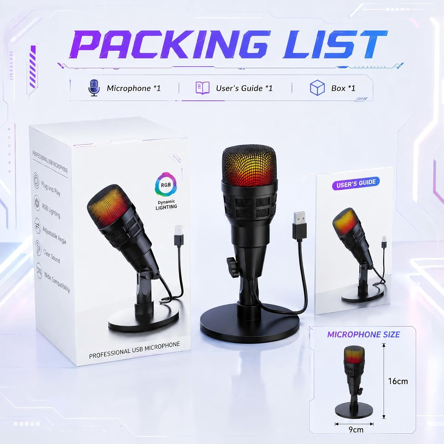 Packliste zeigt ein schwarzes RGB-Mikrofon, eine Box und ein Handbuch, Maße 16 cm Höhe und 9 cm Breite.