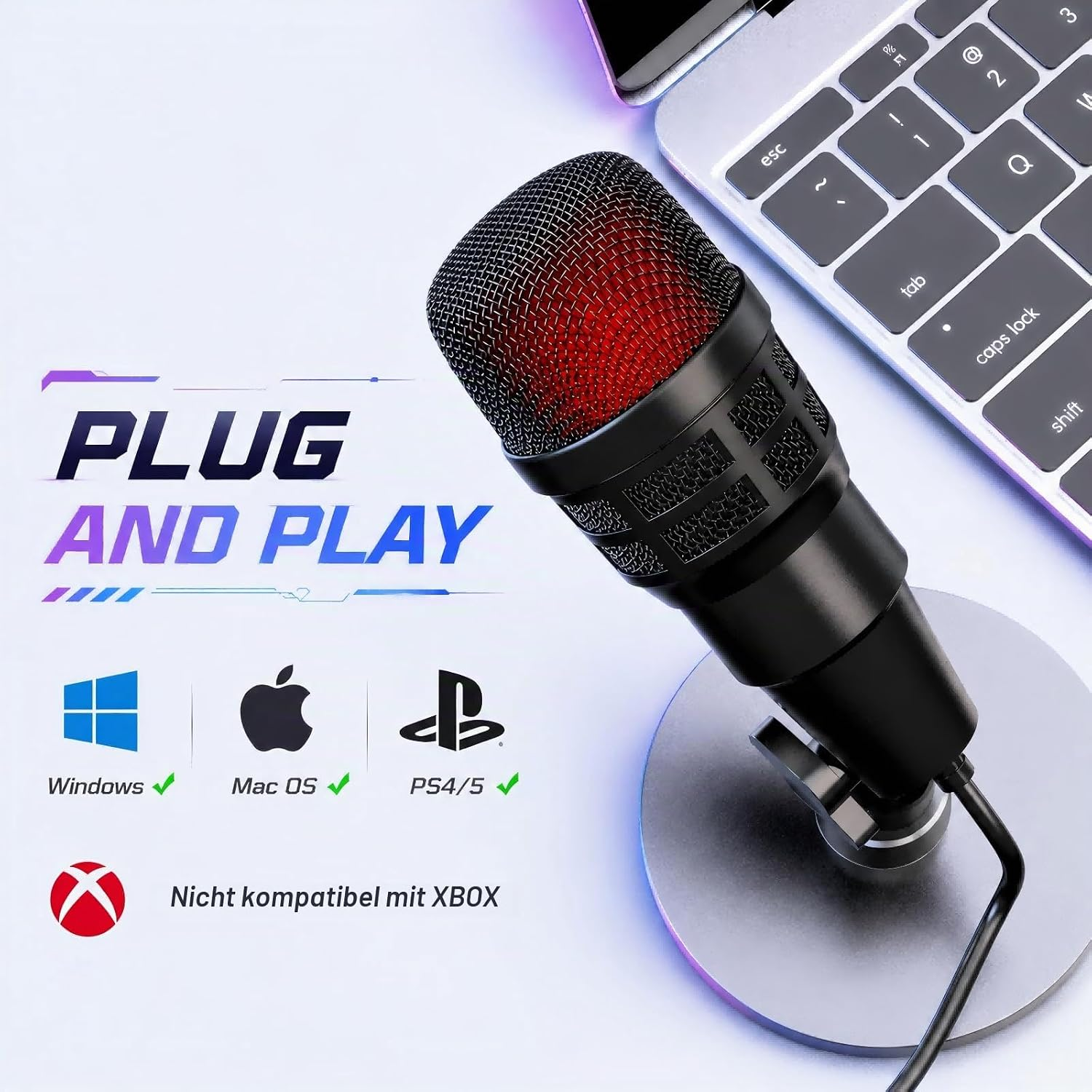 Ein schwarzes Mikrofon mit rotem Licht, ein Laptop, Text 'PLUG AND PLAY' und Kompatibilitätssymbole.