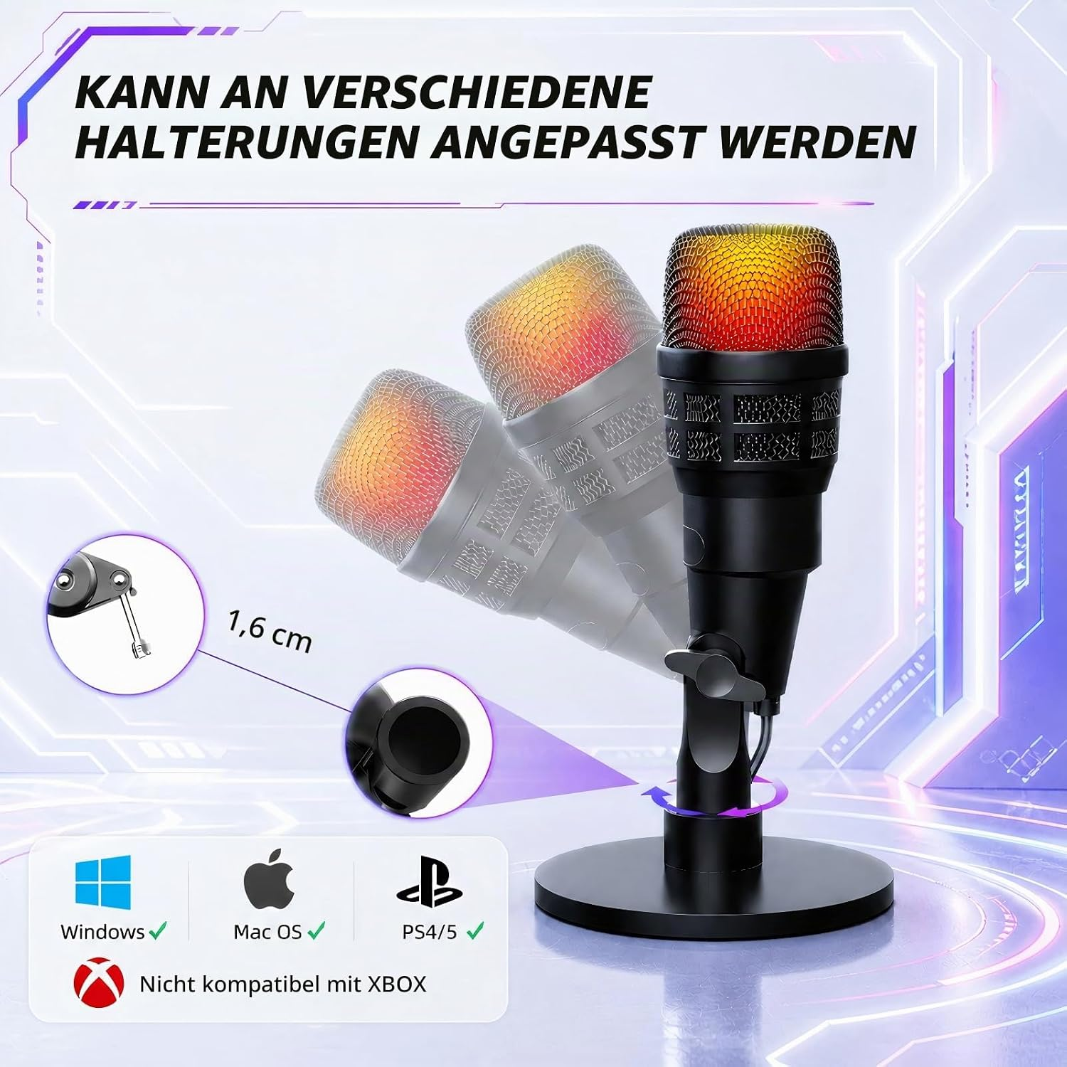 Ein verstellbares Mikrofon mit RGB-Beleuchtung, kompatibel mit Windows, Mac OS und PS4/5, aber nicht mit XBOX.