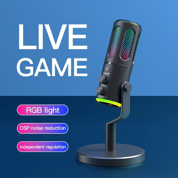 Ein schwarzes USB-Mikrofon mit RGB-Beleuchtung auf einem Standfuß vor blauem Hintergrund.
