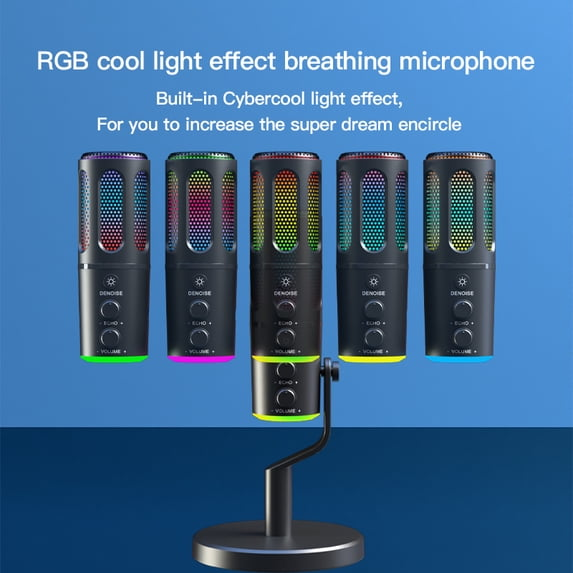Ein schwarzes Mikrofon mit RGB-Beleuchtung steht vor blauem Hintergrund.