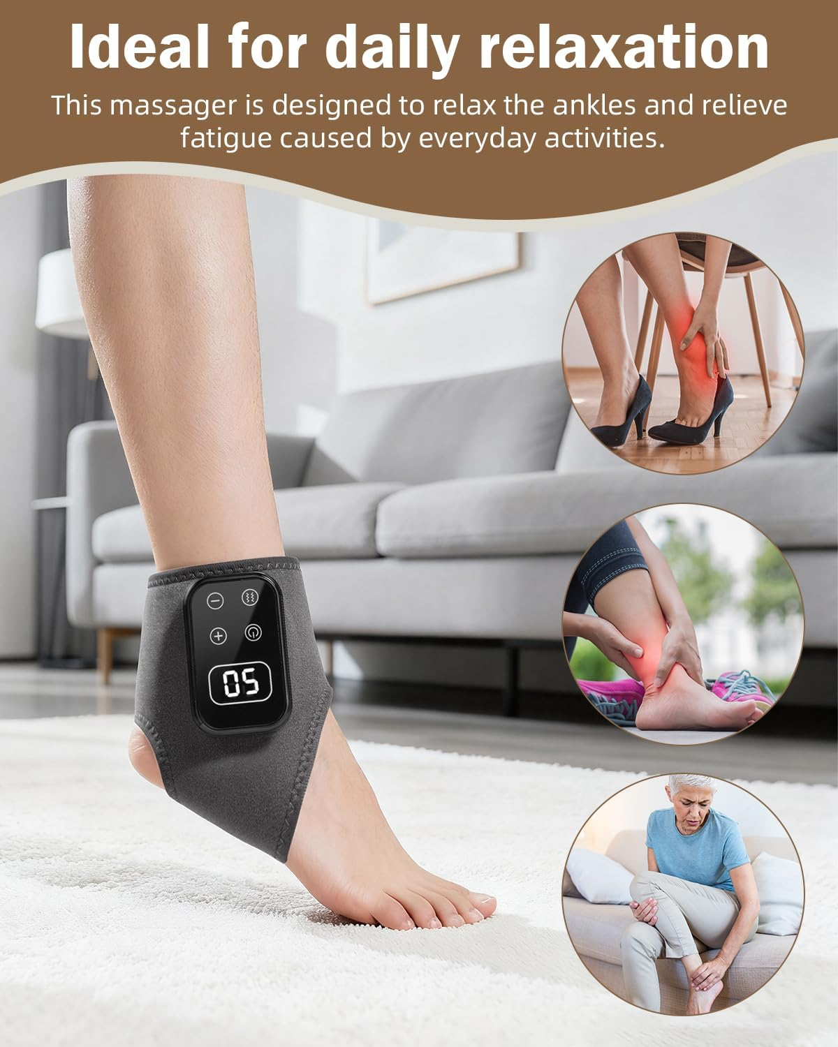 Ein Fuß trägt eine graue Ankelmassagebandage mit digitalem Display.