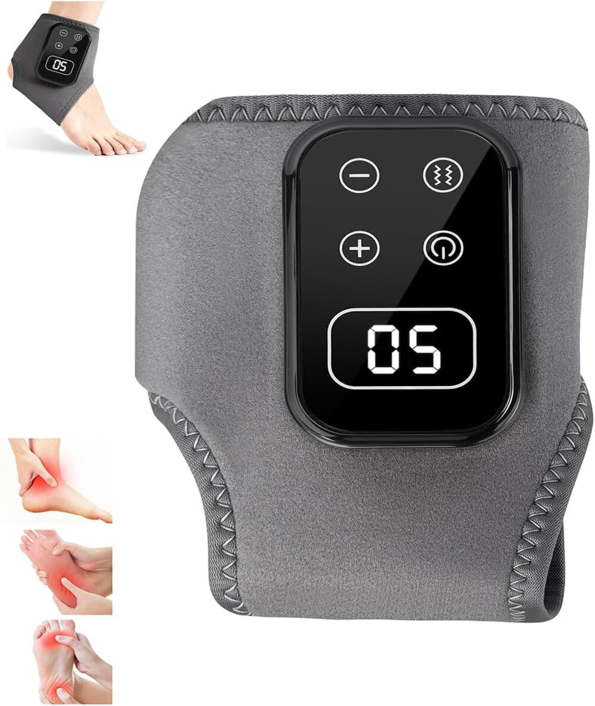 Graue Knöchelbandage mit digitalem Bedienteil und kleineren Einlagen, die Fußschmerzlinderung zeigen.