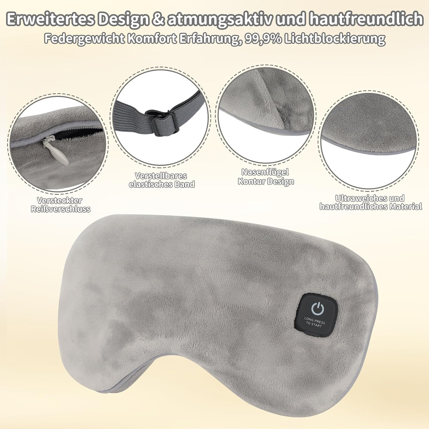 Graue Schlafmaske mit Heizfunktion, verstellbarem Band und weichem Material.