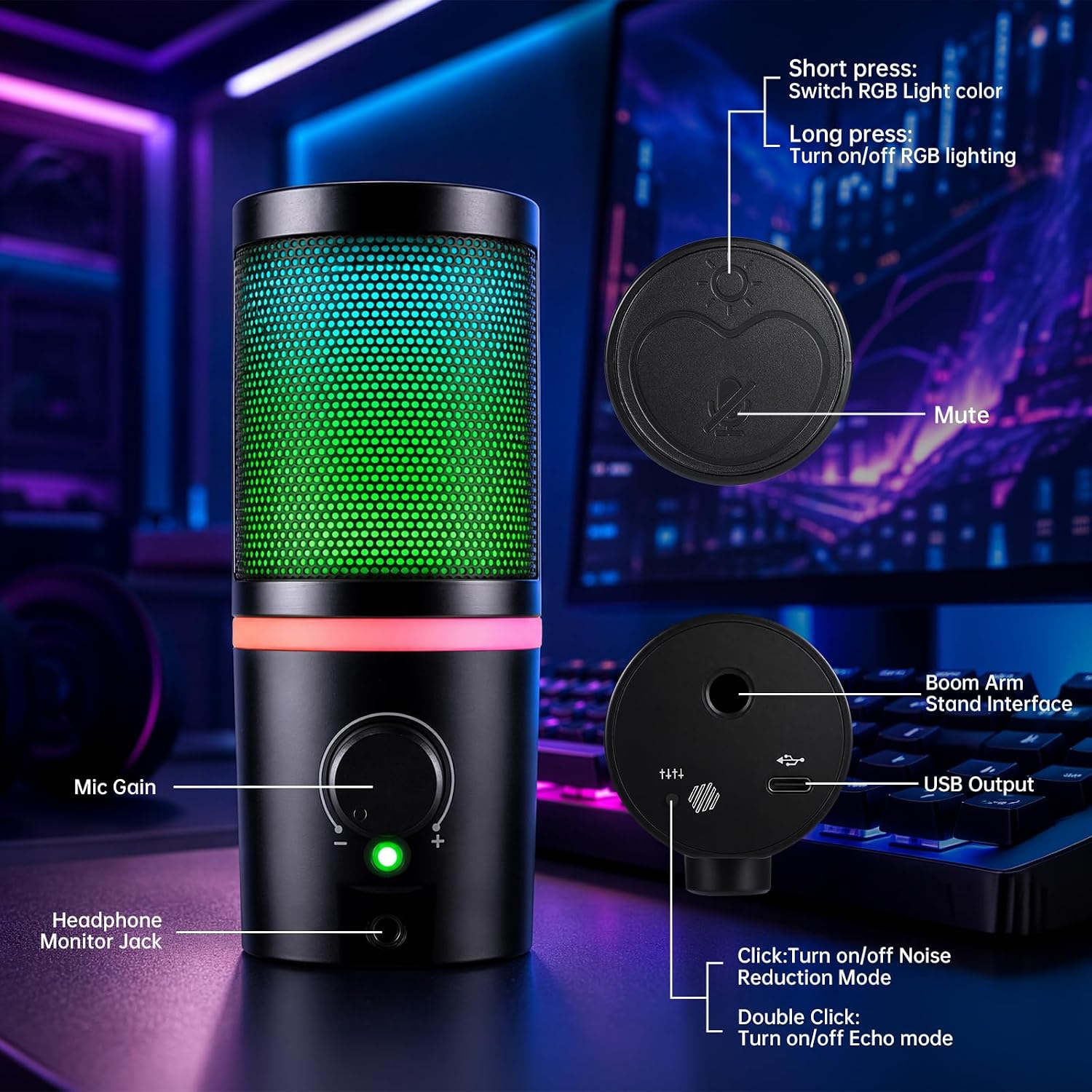 Schwarzes USB-Mikrofon mit RGB-Beleuchtung und Bedienelementen, annotiert mit Funktionen auf blauem Gaming-Hintergrund.