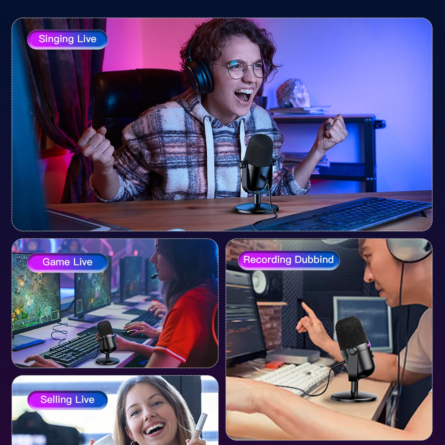 Eine Person sitzt vor einem Mikrofon und jubelt, während kleinere Bilder Spiele-Streaming, Aufnahmen und Verkäufe zeigen.