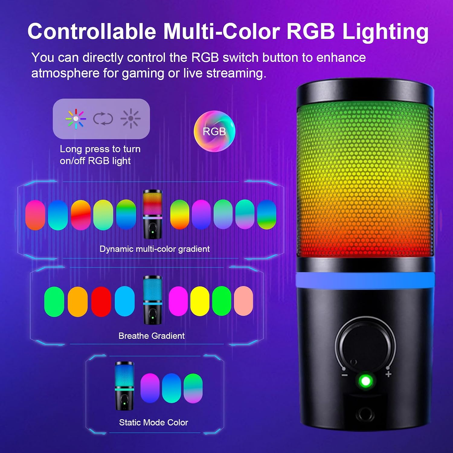 Ein schwarzes Mikrofon mit steuerbaren RGB-Beleuchtungsmodi vor violettem Hintergrund mit Anleitungsdiagrammen.
