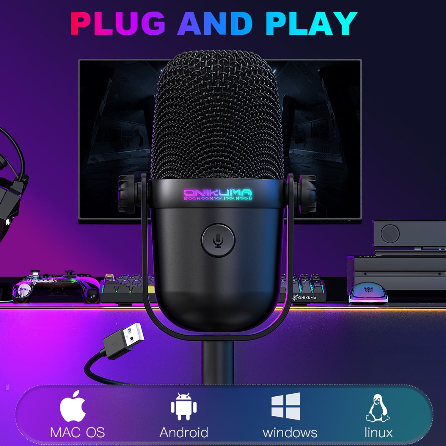 Ein schwarzes Onikuma USB-Gaming-Mikrofon mit RGB-Beleuchtung und USB-Kabel in einem Gaming-Setup.