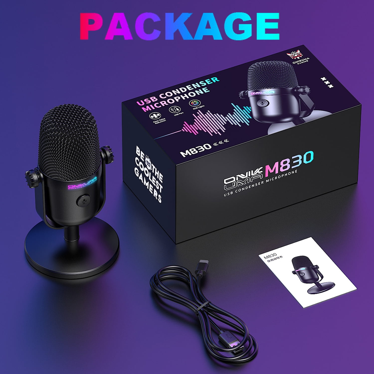 Ein Onikuma M830 USB-Kondensatormikrofon mit Verpackung, Kabel und Anleitung vor lila Hintergrund.