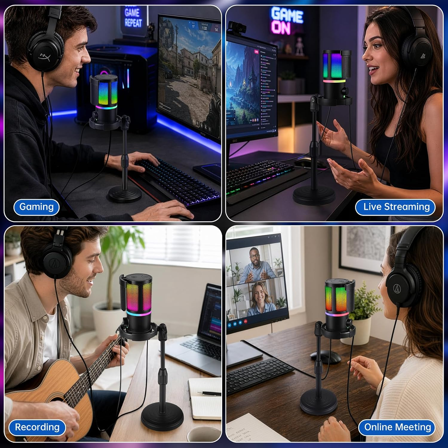 Vier Felder zeigen eine Person mit RGB-Mikrofon beim Gaming, Livestreaming, Musikaufnehmen und in Online-Meetings.