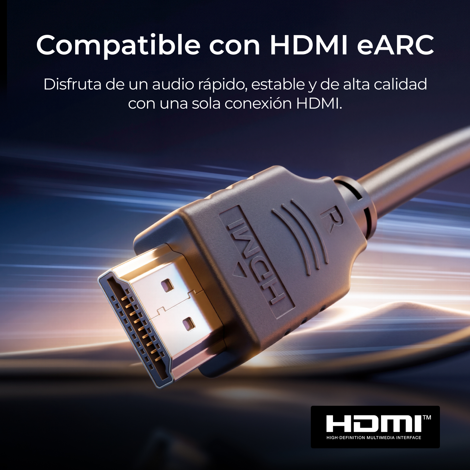 Un cable HDMI negro con un conector bañado en oro sobre un fondo azul con texto.