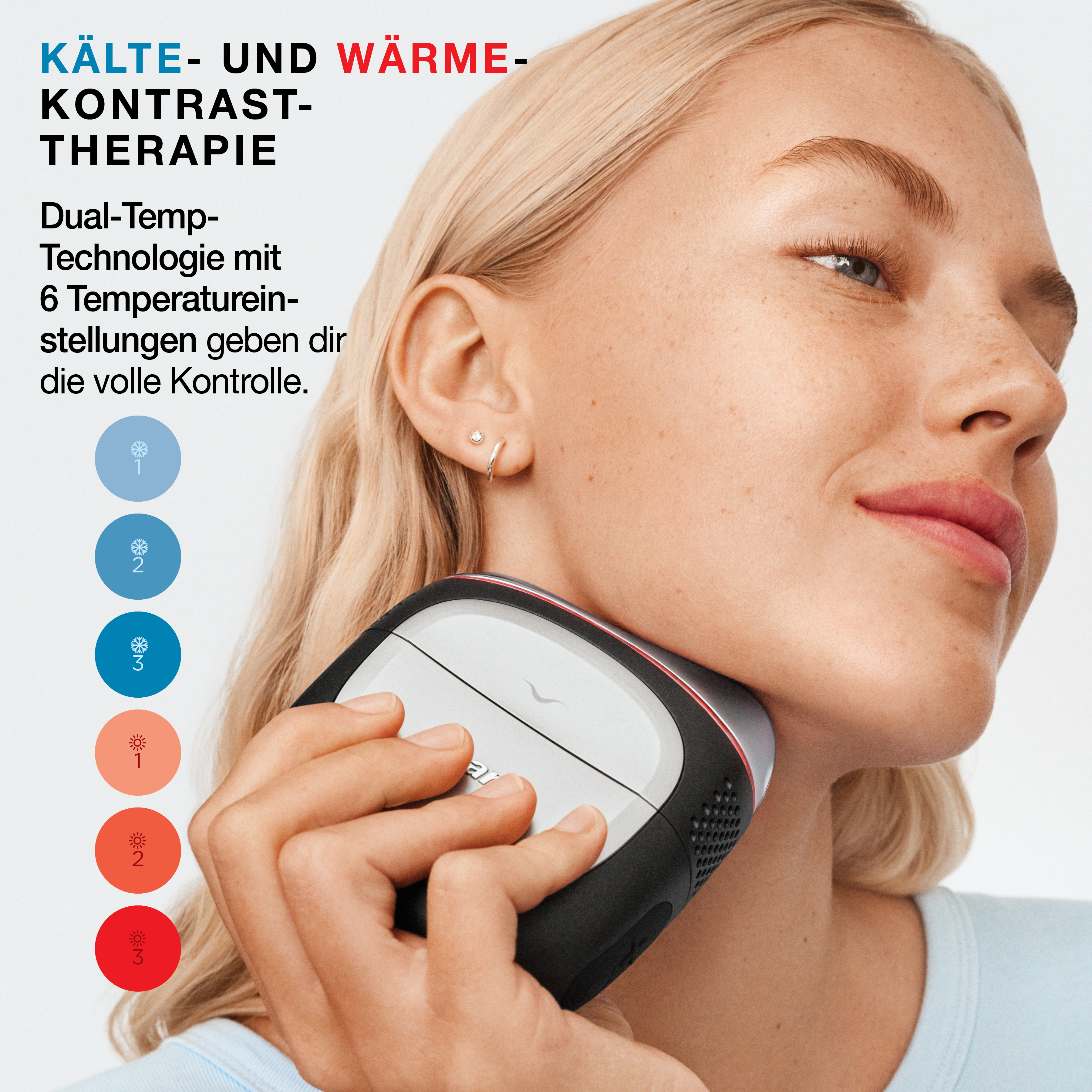 Frau hält ein Thermogerät an ihren Hals; Text beschreibt Kälte- und Wärmetherapie mit sechs Stufen.