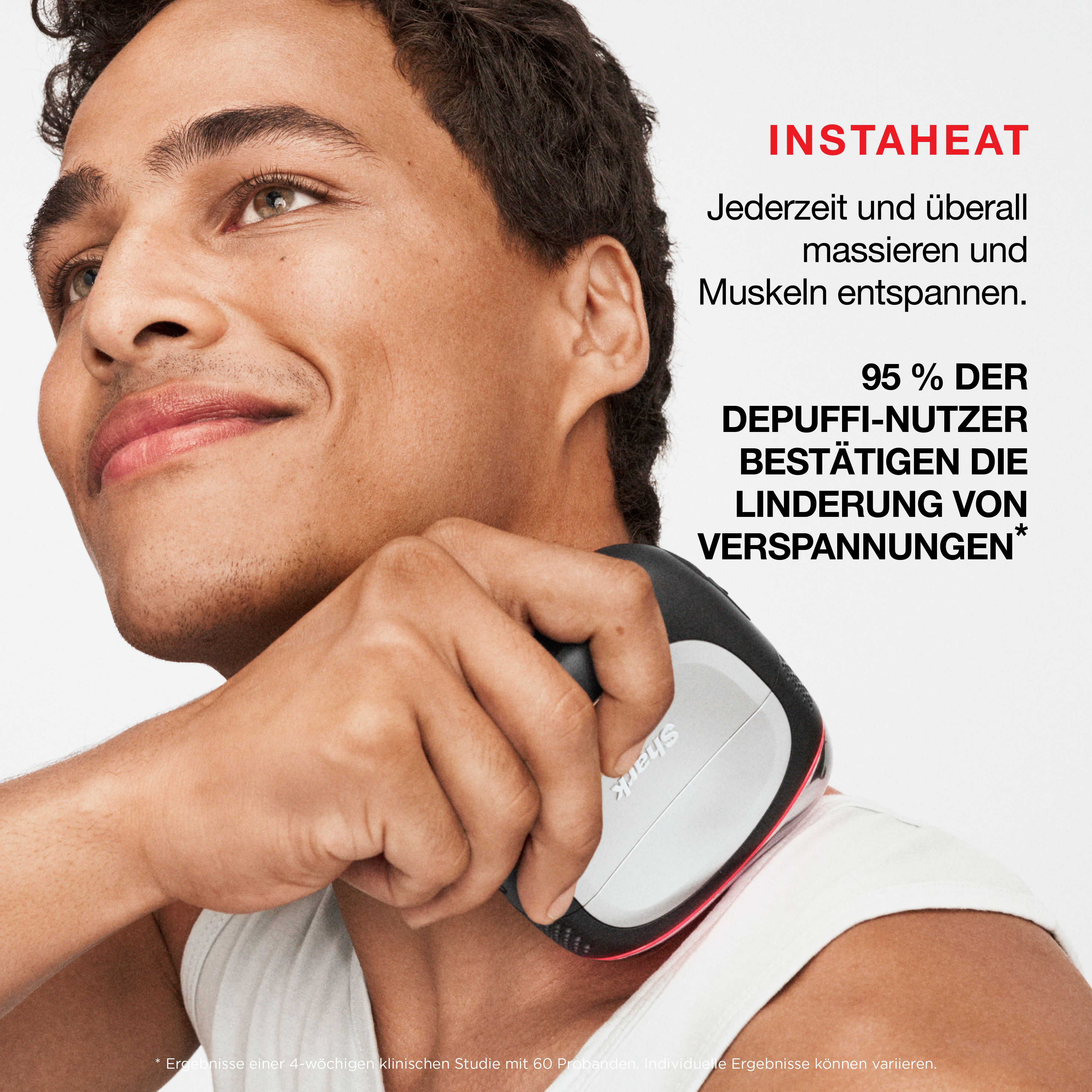 Ein lächelnder Mann nutzt ein Instaheat-Massagegerät am Nacken. Text wirbt für Entspannung.