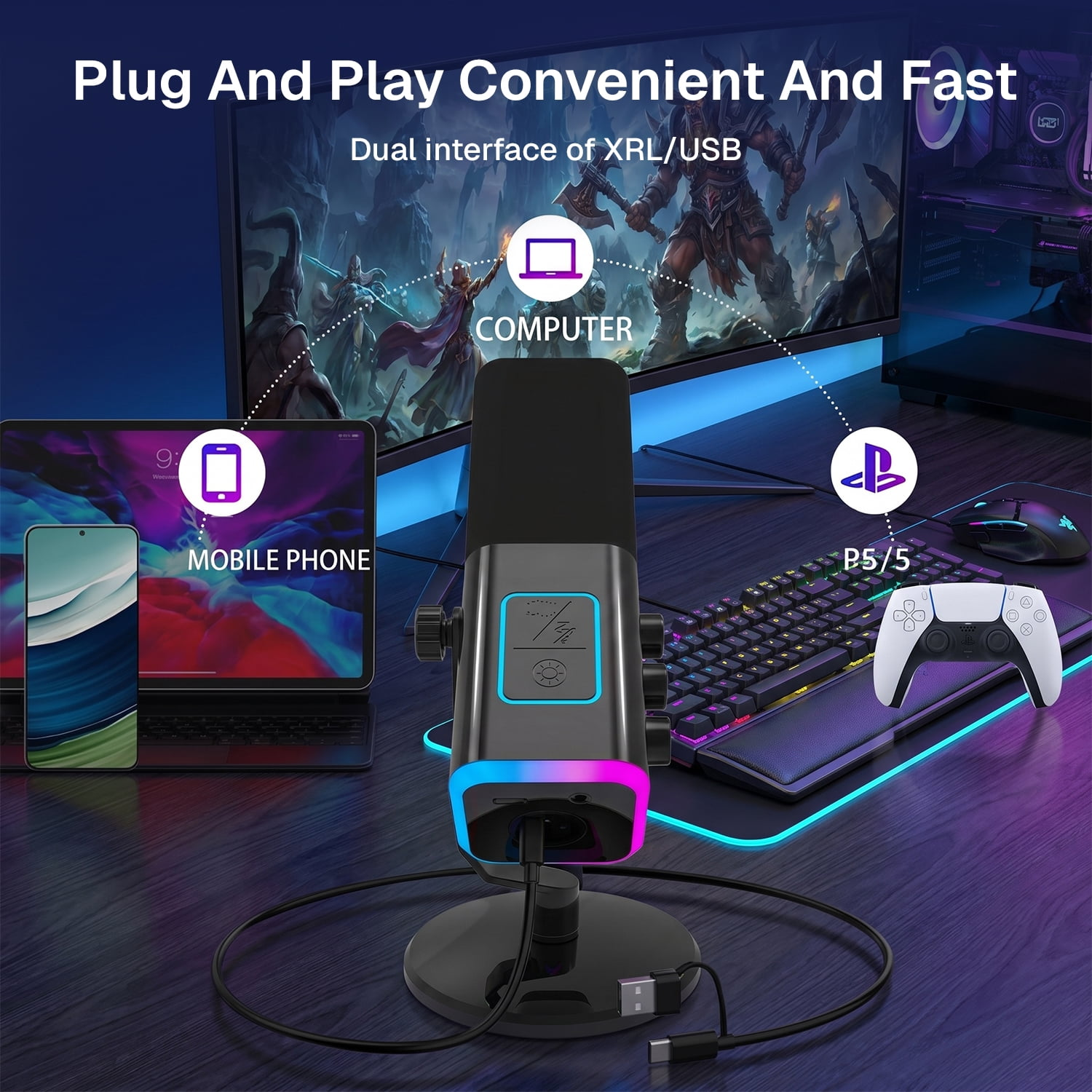 Ein Mikrofon mit RGB-Beleuchtung, verbunden mit Computer, Tablet und Konsole in einem Gaming-Setup.