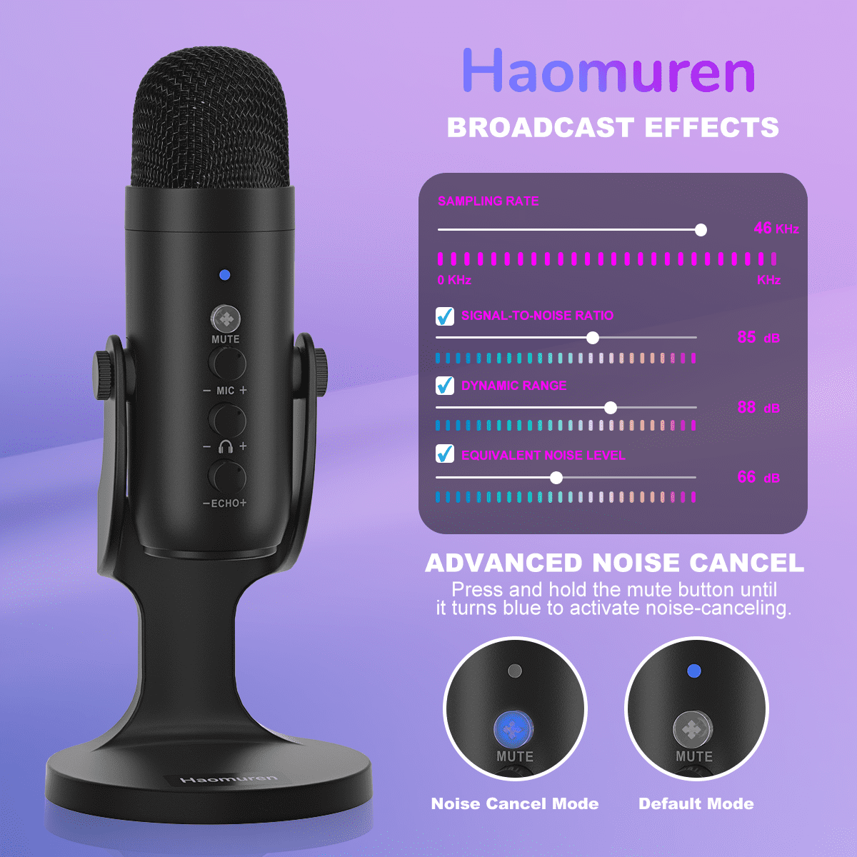 Ein schwarzes Haomuren-Mikrofon mit Reglern, daneben Text und Grafiken zu Audiospezifikationen und Rauschunterdrückung.