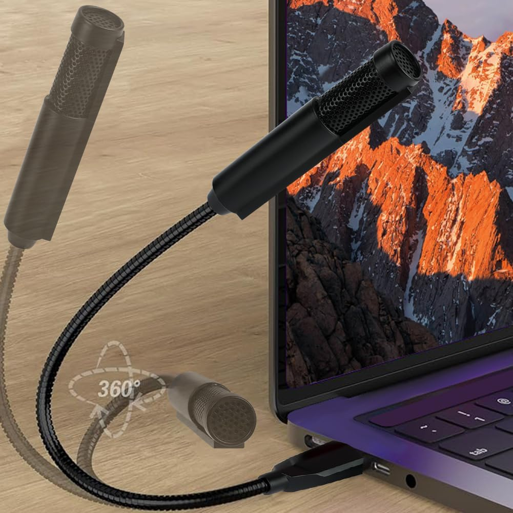 Ein schwarzes Schwanenhals-USB-Mikrofon ist an einen Laptop auf einem Holztisch angeschlossen und zeigt eine 360-Grad-Drehung.