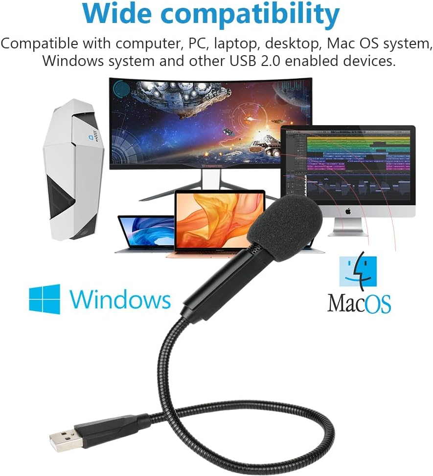 Ein schwarzes USB-Mikrofon mit flexiblem Schwanenhals zeigt Kompatibilität mit Windows und MacOS.