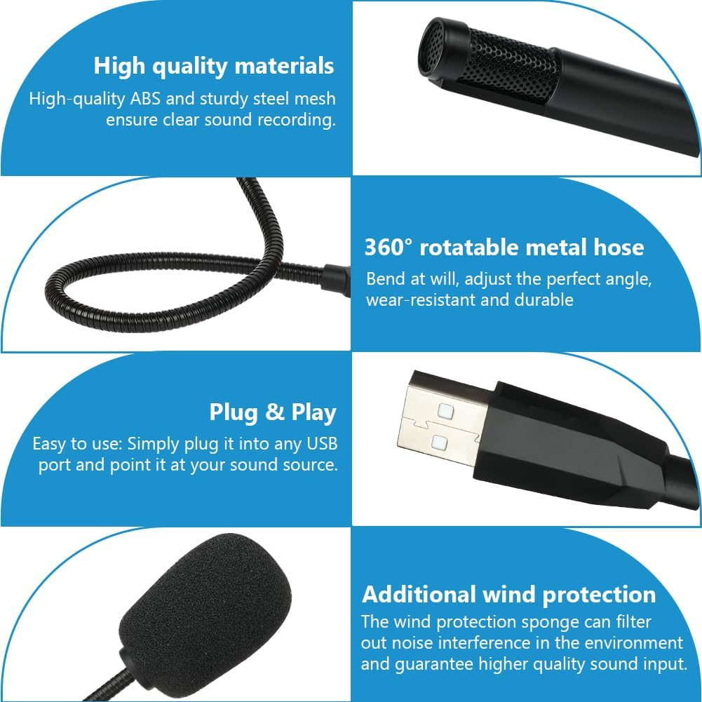 Vier Bilder zeigen Mikrofonmerkmale: Materialien, biegsamer Schlauch, USB-Anschluss und Windschutz.