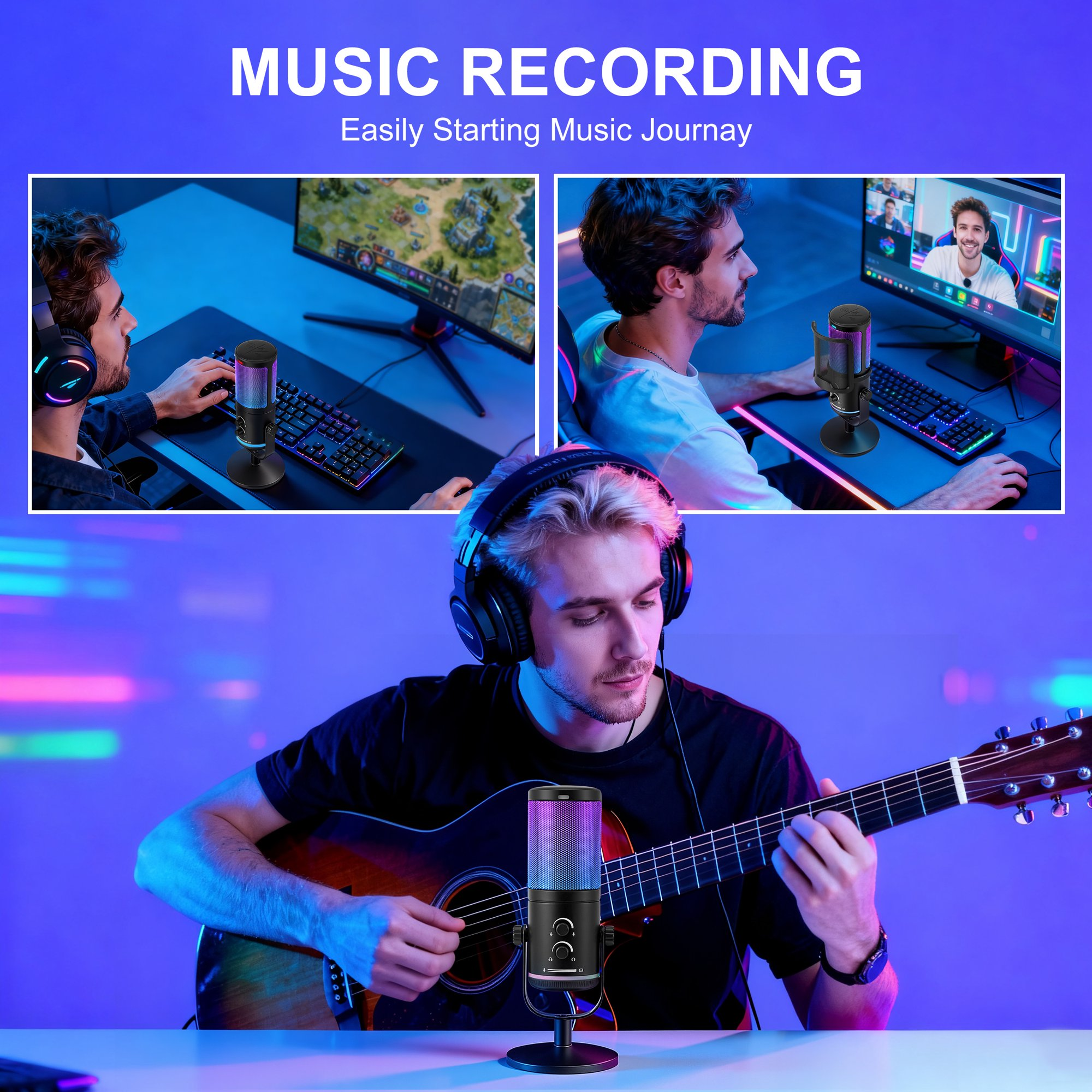 Ein junger Musiker spielt Gitarre vor einem bunten Mikrofon, umgeben von Gaming-Szenen.