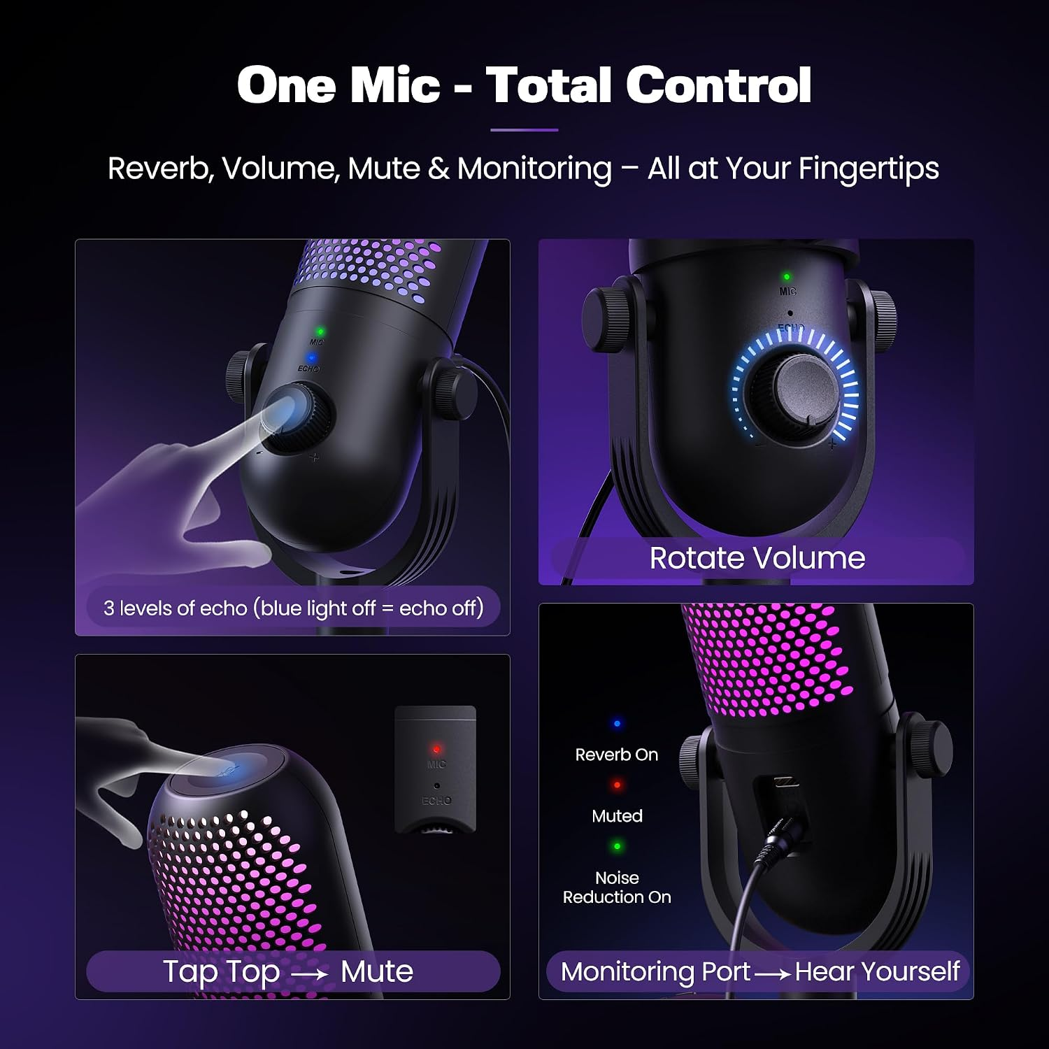 Ein Mikrofon mit Reverb-, Lautstärke-, Mute- und Monitoring-Reglern auf dunklem Hintergrund.