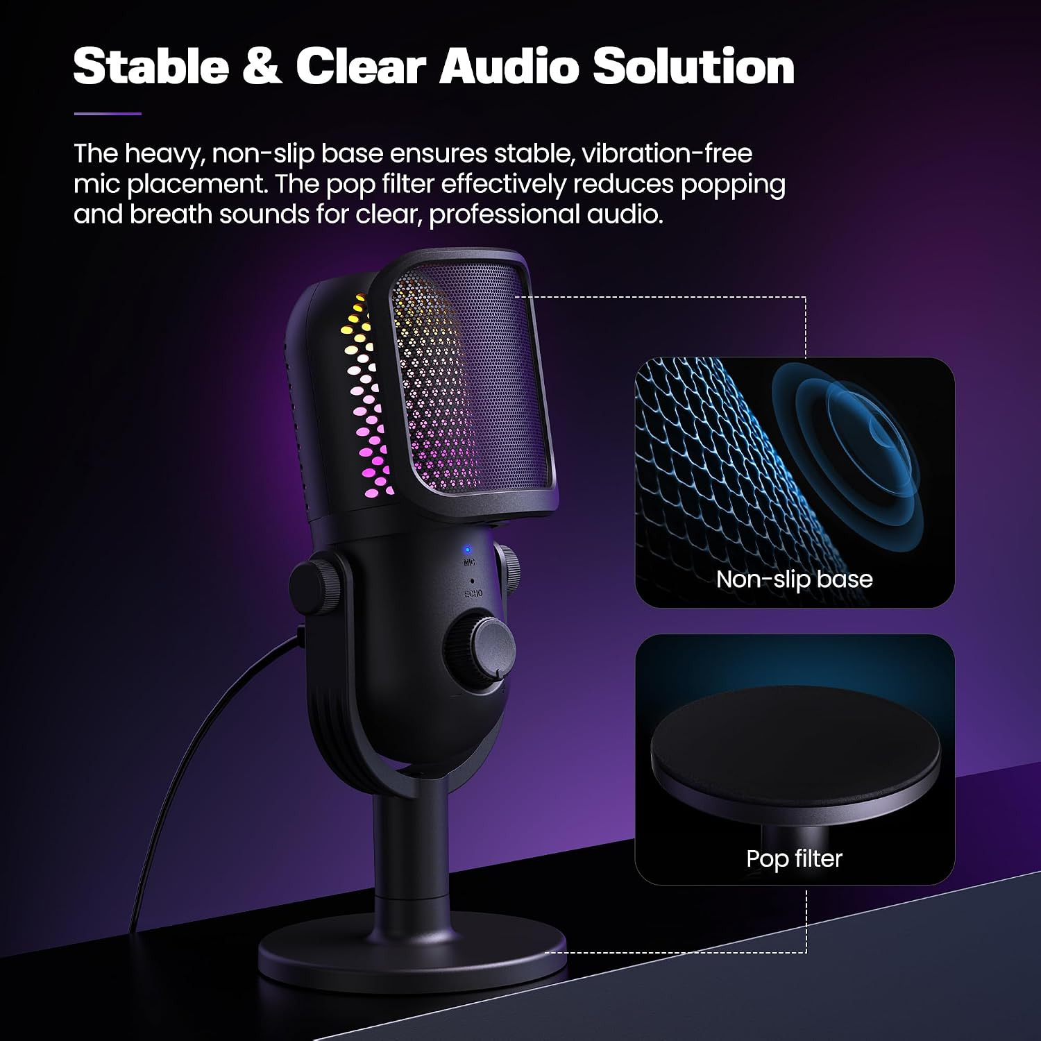 Schwarzes USB-Mikrofon mit RGB-Beleuchtung, Pop-Filter und stabiler Basis auf dunkelviolettem Hintergrund.