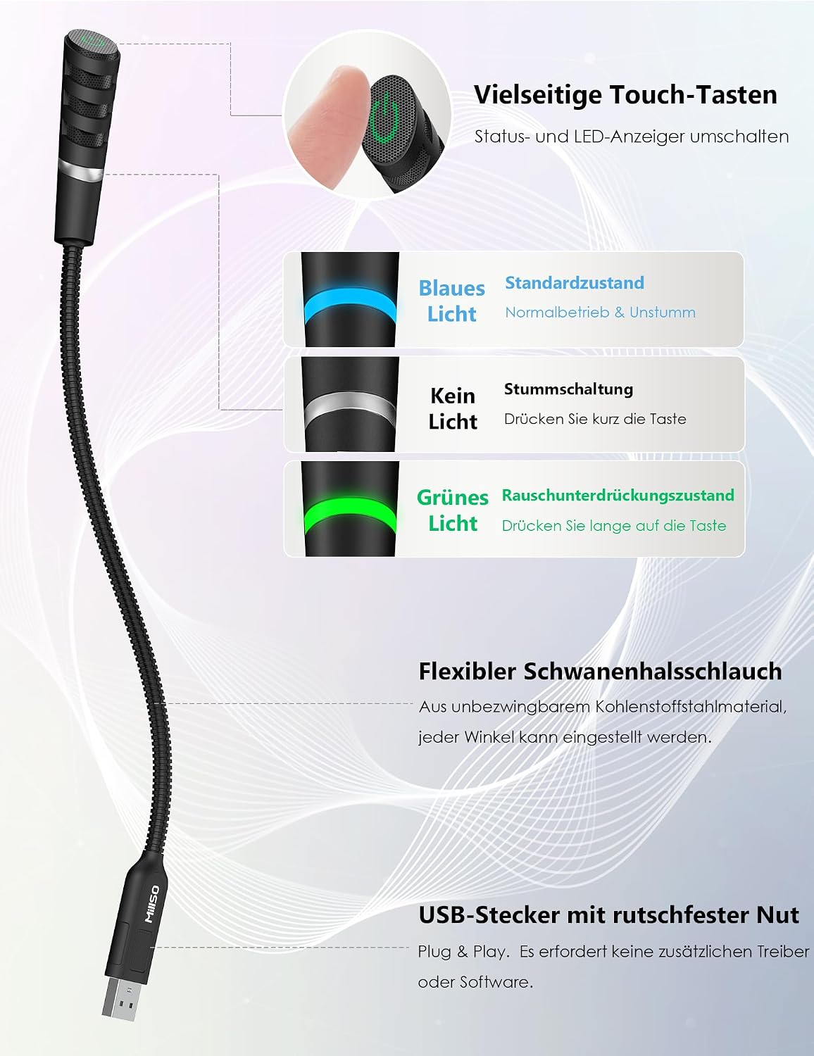 Ein schwarzes USB-Schwanenhalsmikrofon mit Touch-Taste und LED-Anzeigen für Blau, Grün und Aus.