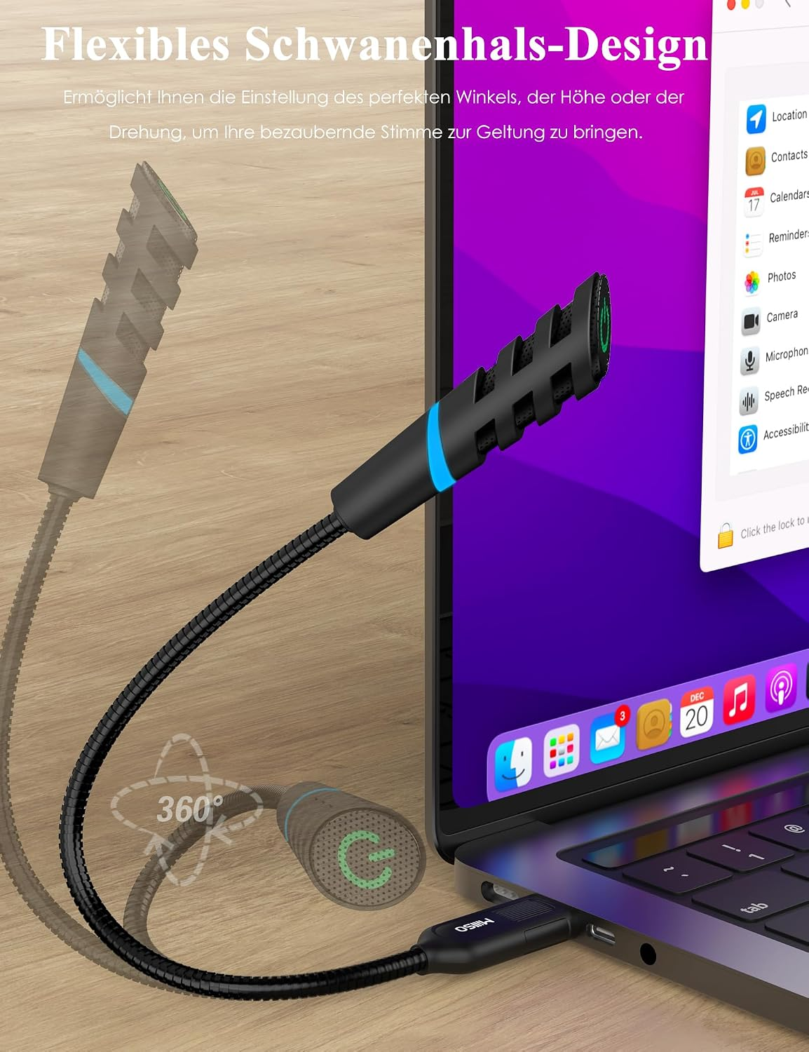 Ein schwarzes, flexibles Schwanenhalsmikrofon ist an einen Laptop angeschlossen, mit deutschem Text.
