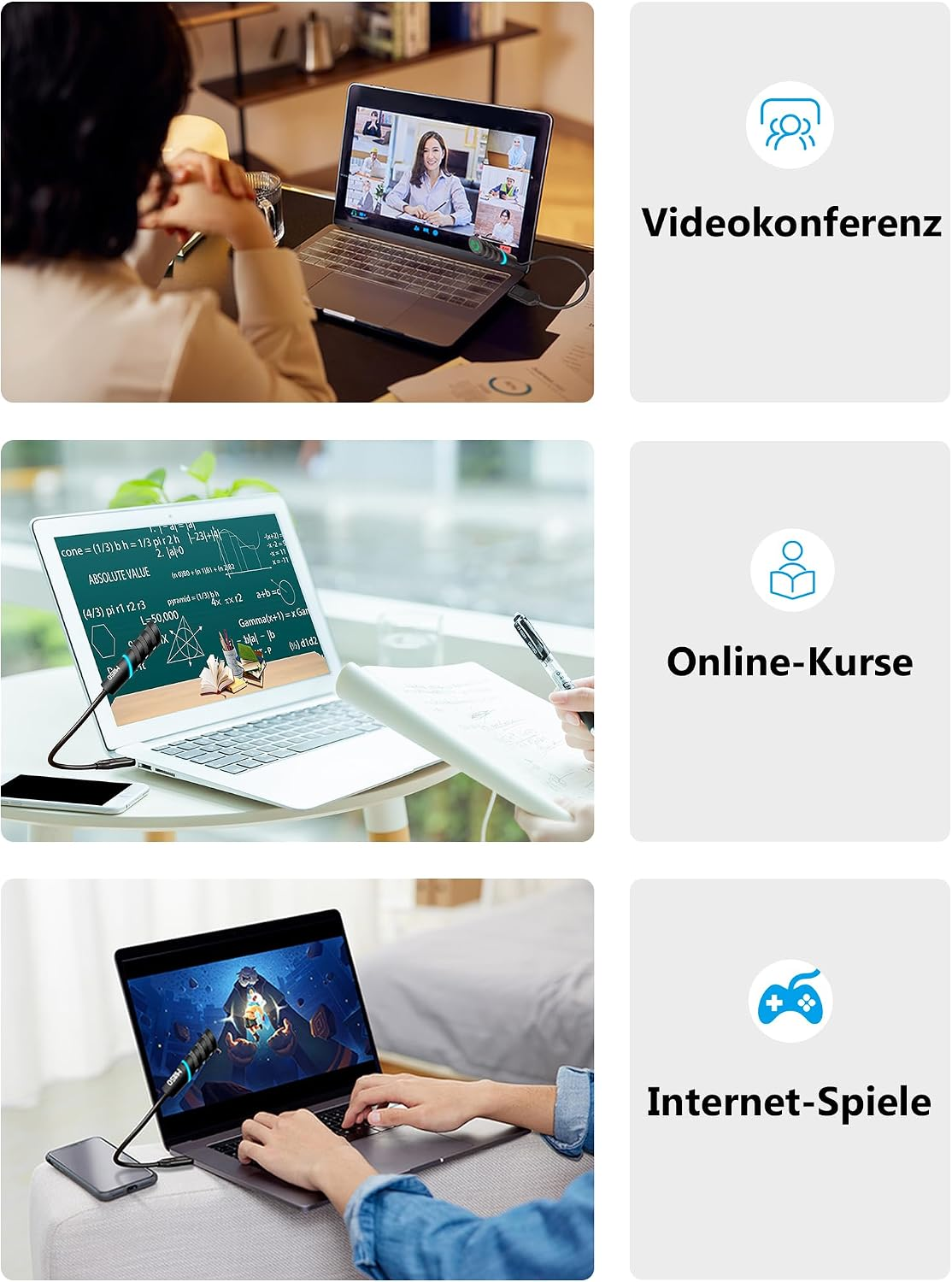 Drei Felder zeigen Videokonferenzen, Online-Kurse und Internet-Spiele auf Laptops mit Dokumentenkamera.