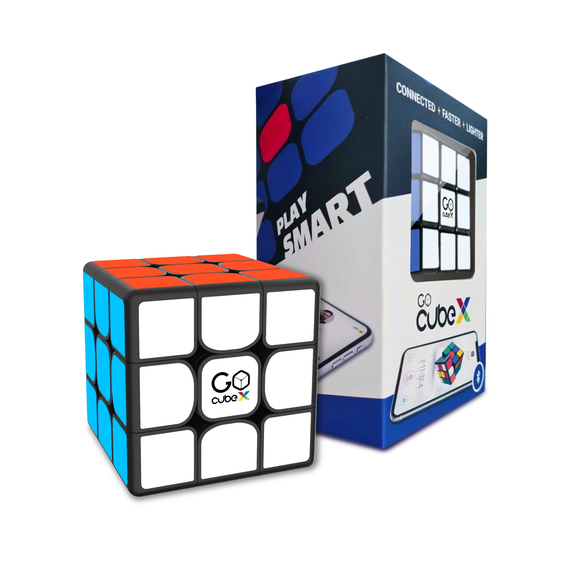 Rubik's cube intelligent GoCube X à côté de sa boîte bleue.