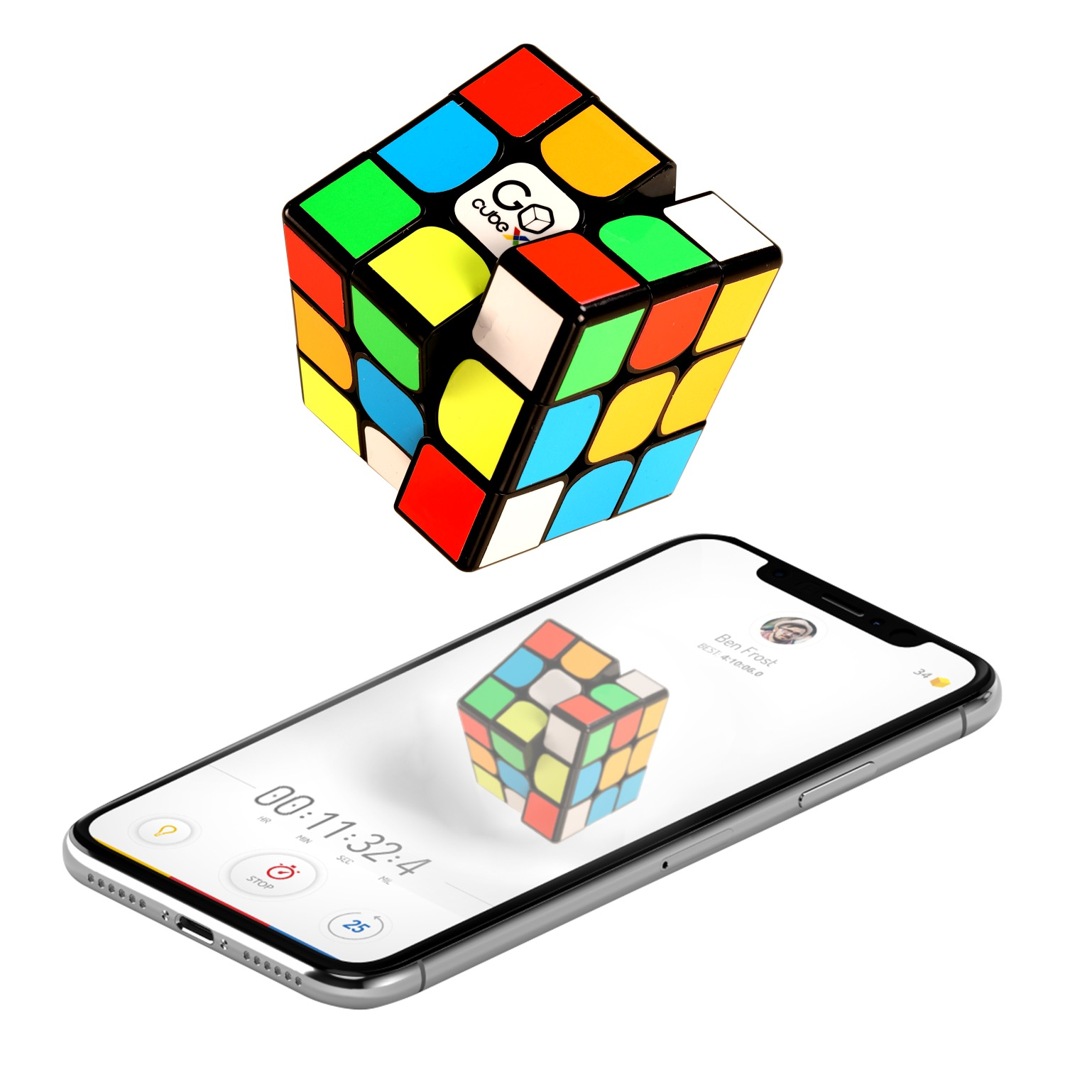 Rubik's cube intelligent GoCube au-dessus d'un smartphone affichant l'application chrono.