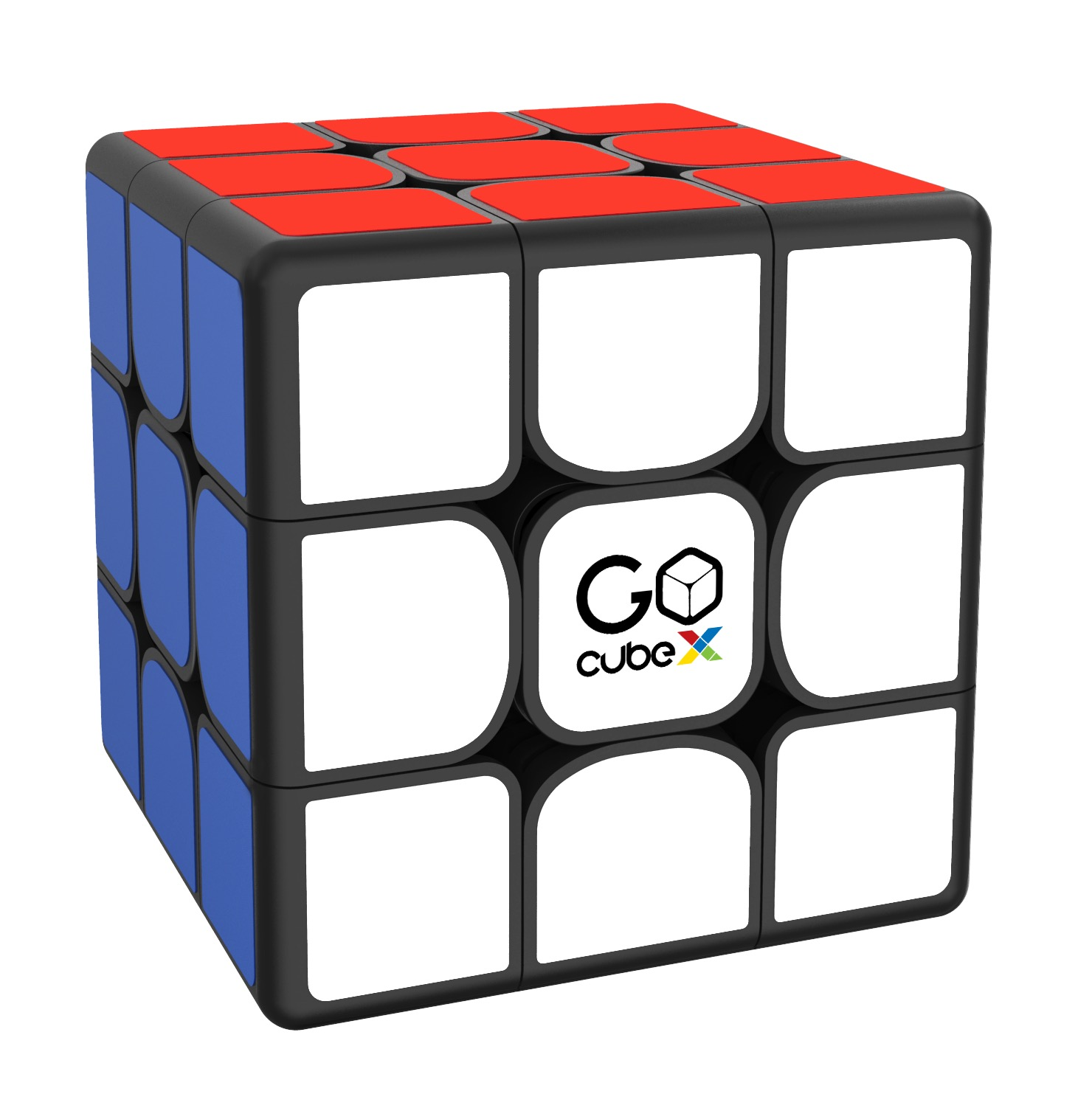 Un cube magique noir avec des côtés rouges, blancs et bleus. Le logo GoCubeX se trouve sur la tuile blanche centrale.