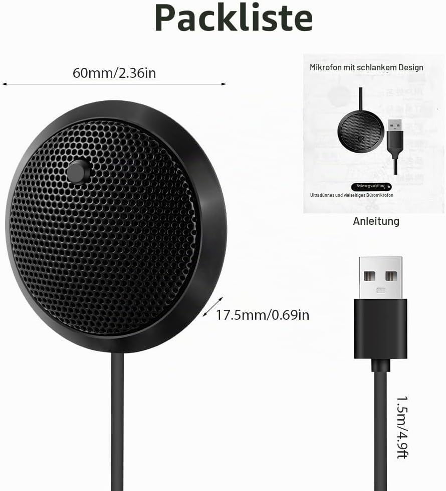 Diagramm zeigt Abmessungen und Inhalt einer schwarzen USB-Mikrofon-Packliste.